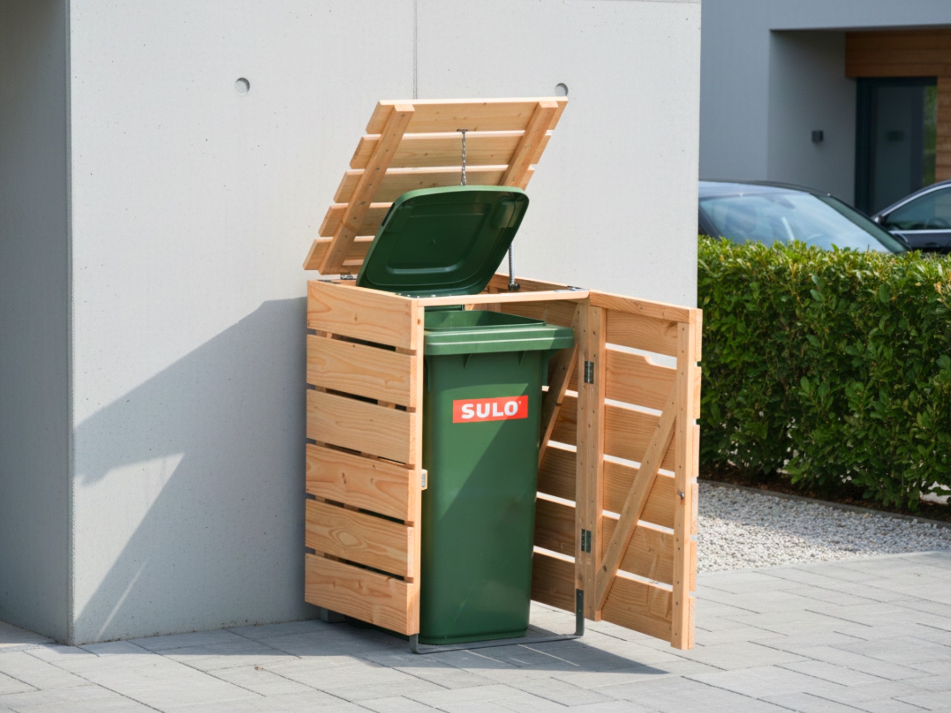 1er Mülltonnenbox 120 L aus Douglasie, wetterfest und dekorativ – stilvolle Mülltonnenverkleidung für Außenbereiche.