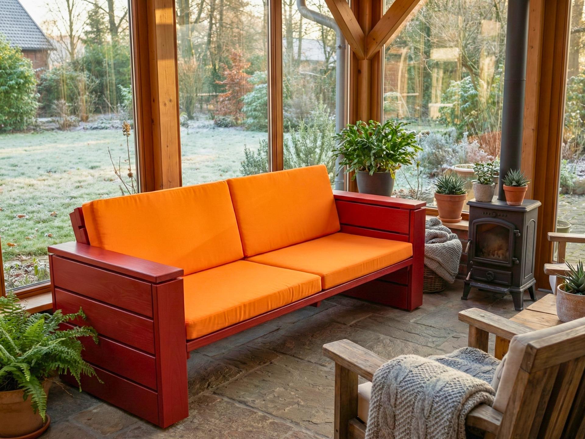 Lounge Sofa in Skandinavisch Rot mit orangefarbenen Polstern im hellen Wintergarten.