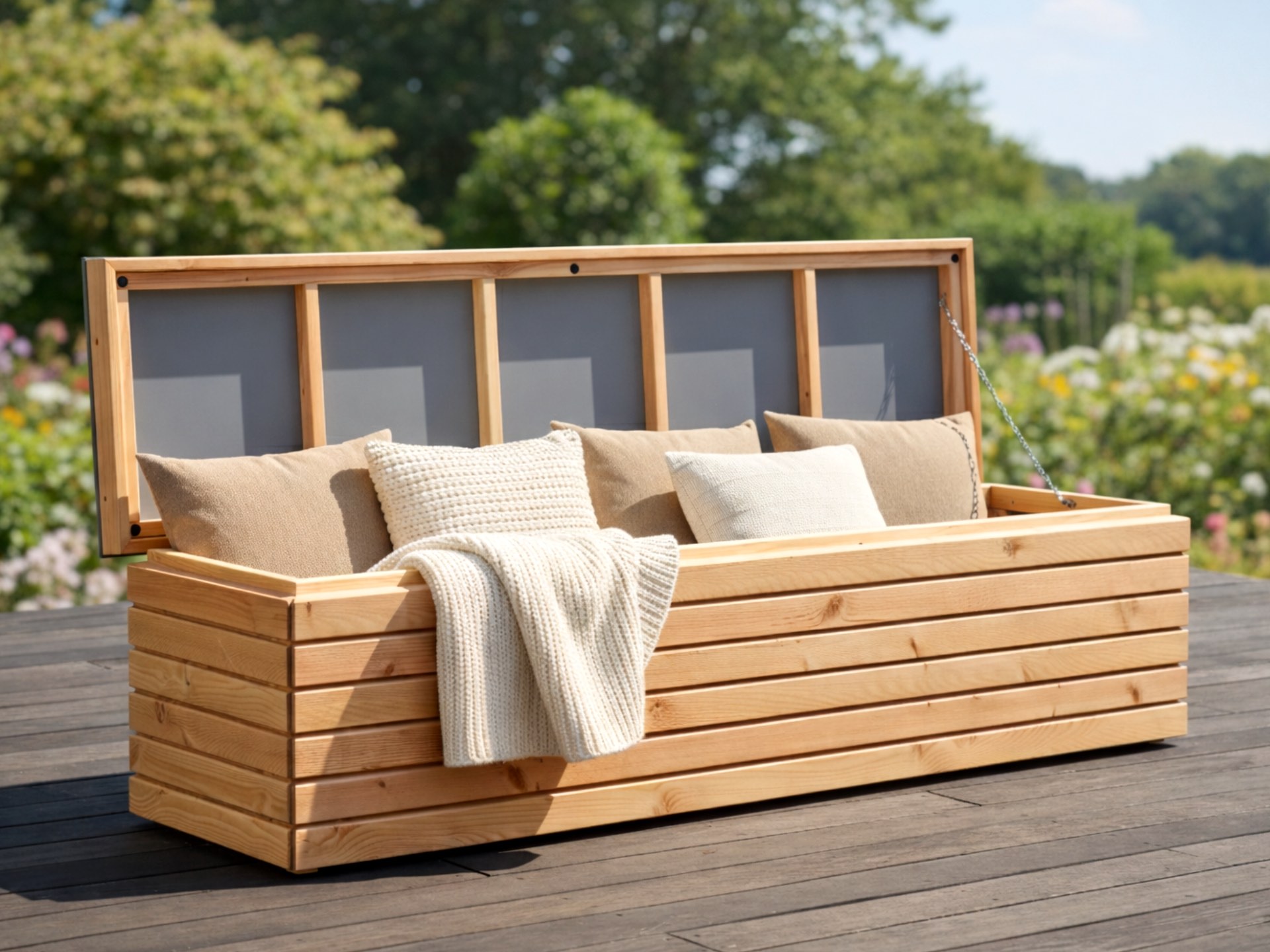 Gartenbox Rhombus 195 aus Douglasie als wetterfeste Auflagenbox und Kissenbox für Terrasse oder Garten.