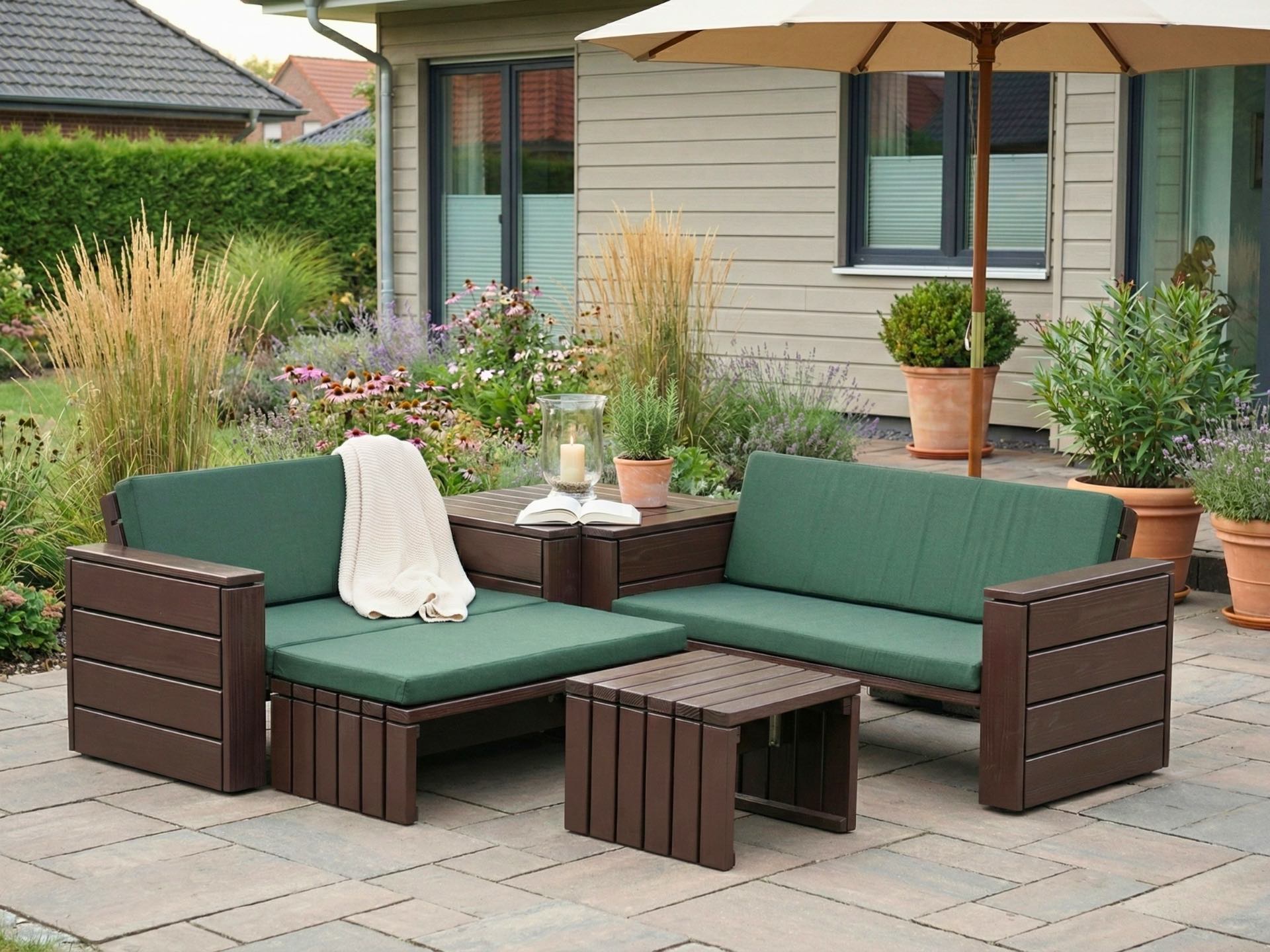 Modulare Loungemöbel-Ecke in Dunkelbraun mit dunkelgrünen Polstern, bestehend aus Sofa, Hocker, Tisch und Eckmodul.