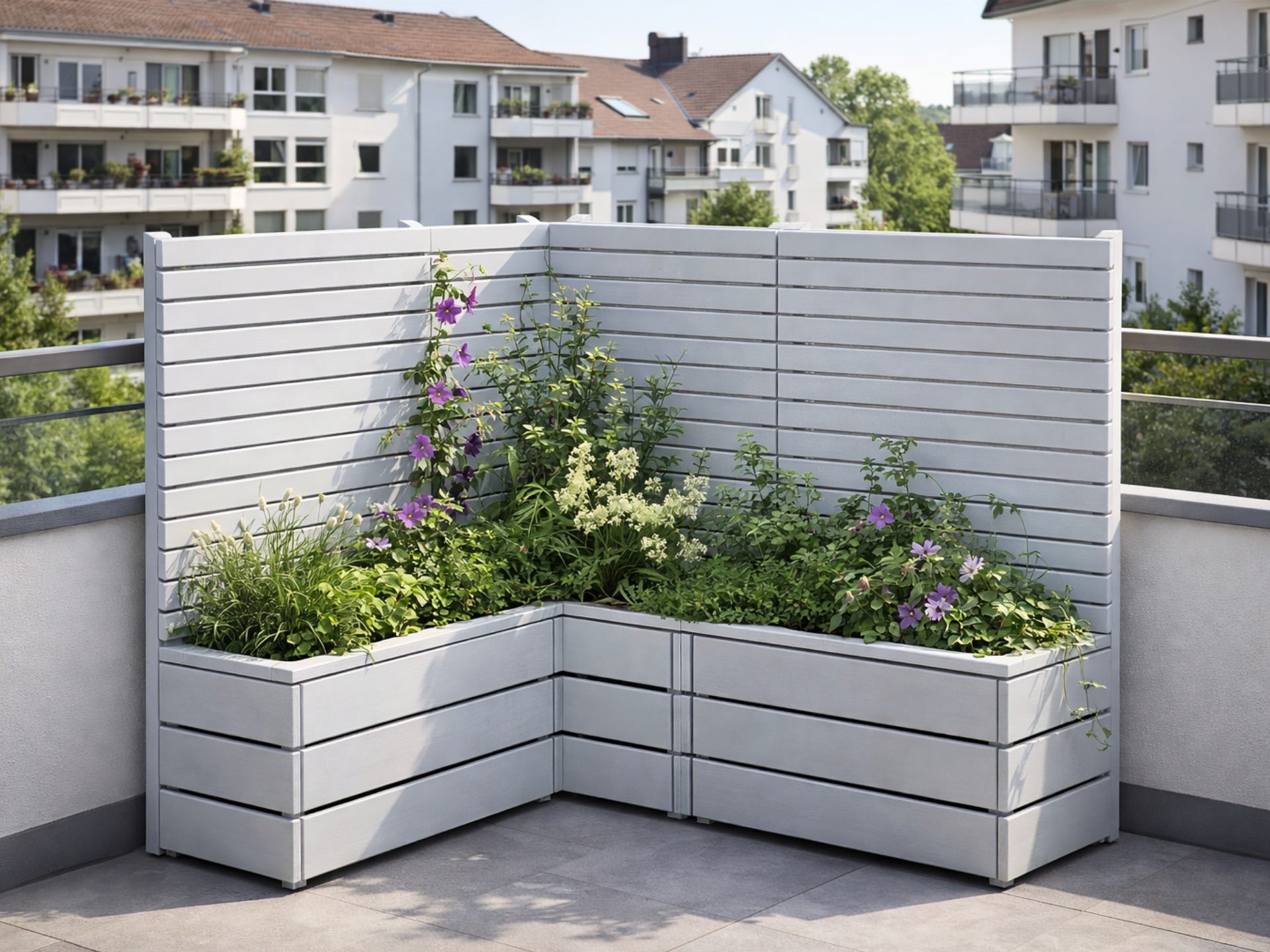 Dreiteilige Pflanzkasten-Ecke Classic in Lichtgrau mit Sichtschutz A10 als flexible Eckenlösung für Dachterrassen.