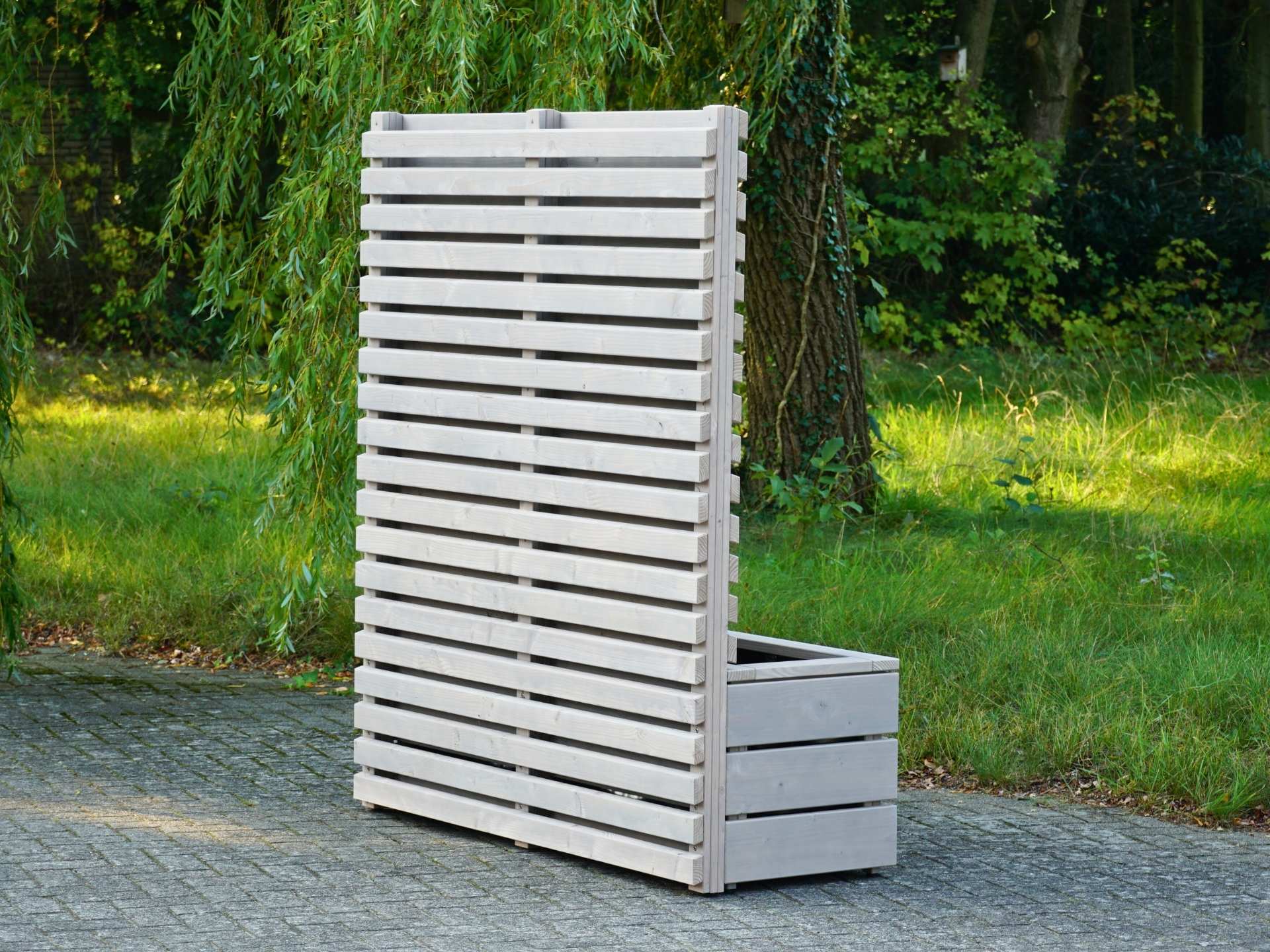 Pflanzkasten Classic 155 mit Sichtschutz A30B in Grau Geölt – voll verkleidete Rückseite