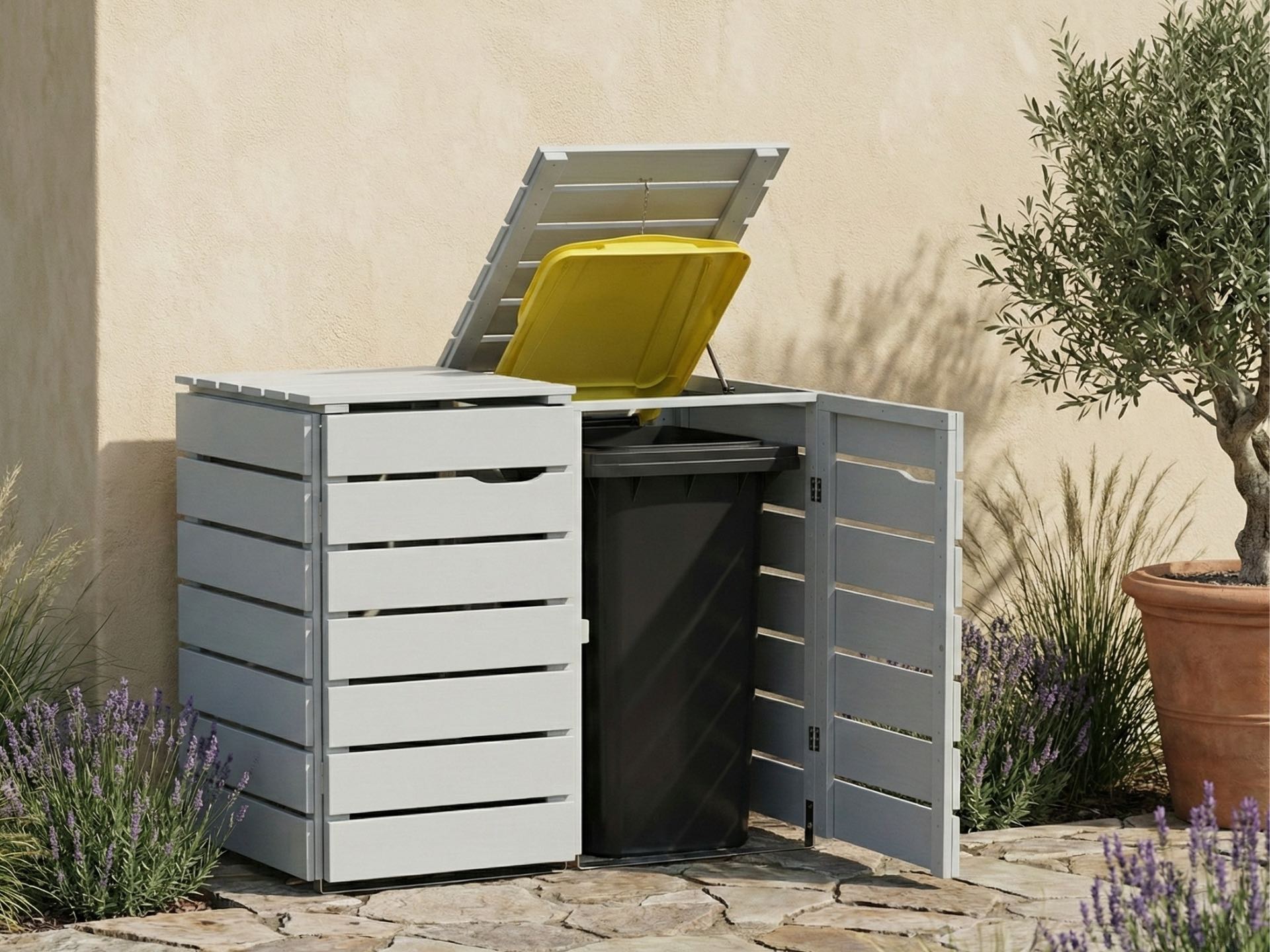 2er Mülltonnenbox Classic 240 L in Lichtgrau zur ordentlichen und dezenten Unterbringung großer Mülltonnen.
