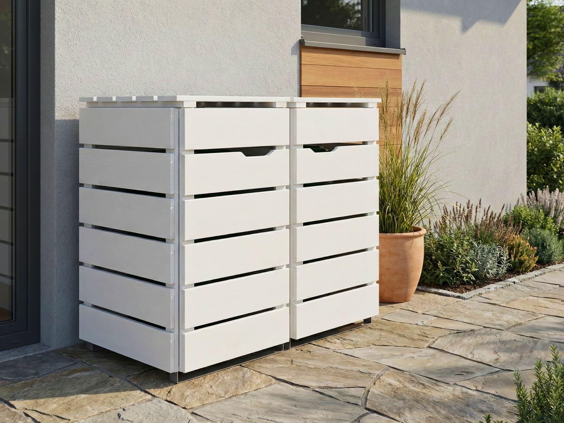 Platzsparende 2er Mülltonnenbox 120 L in Weiß für kleine Tonnen oder als kompakter Aufbewahrungsschrank.