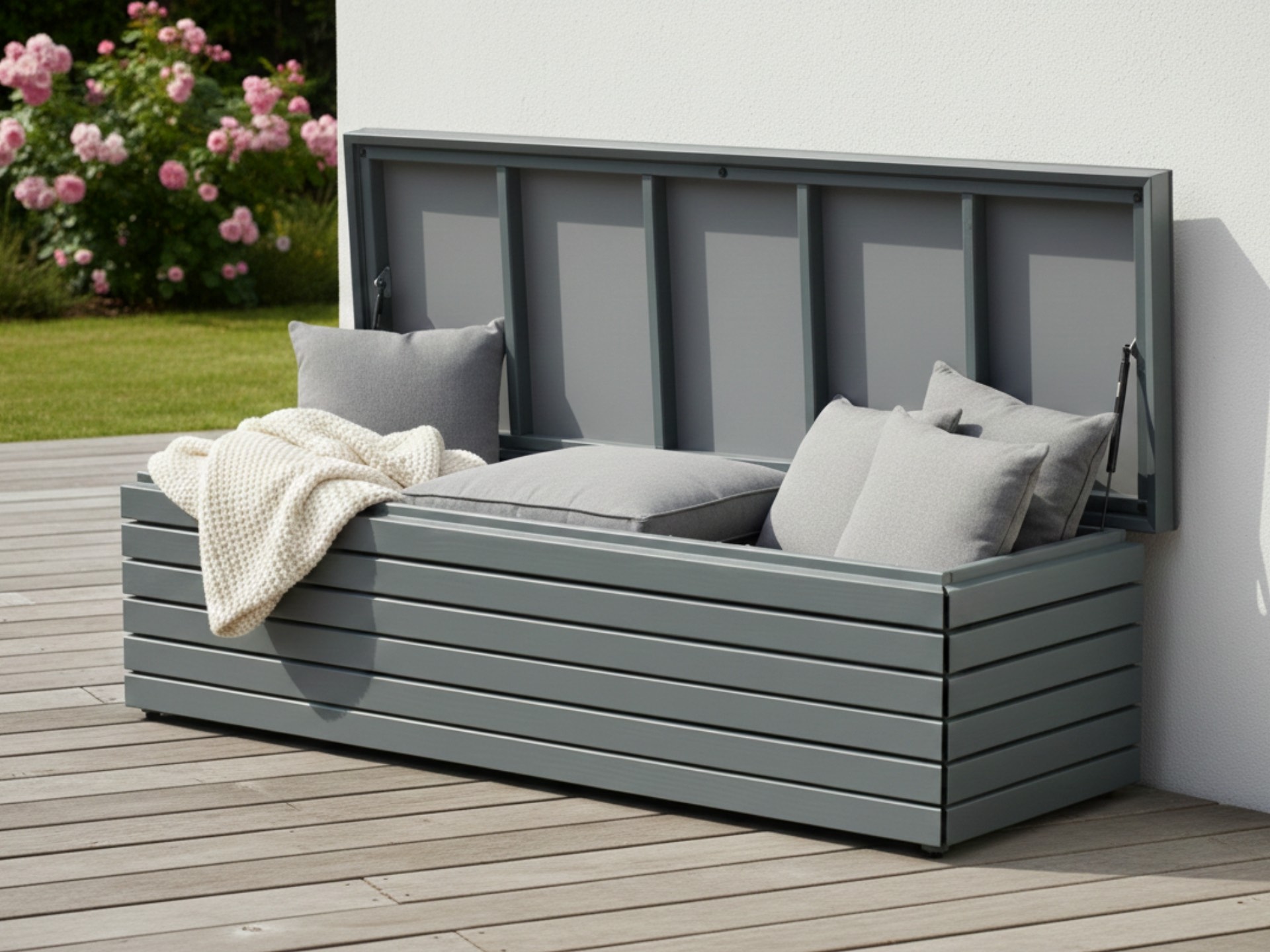 Große, wetterfeste Gartenbox Rhombus 195 in Basaltgrau mit viel Stauraum für Terrasse, Balkon oder Garten.