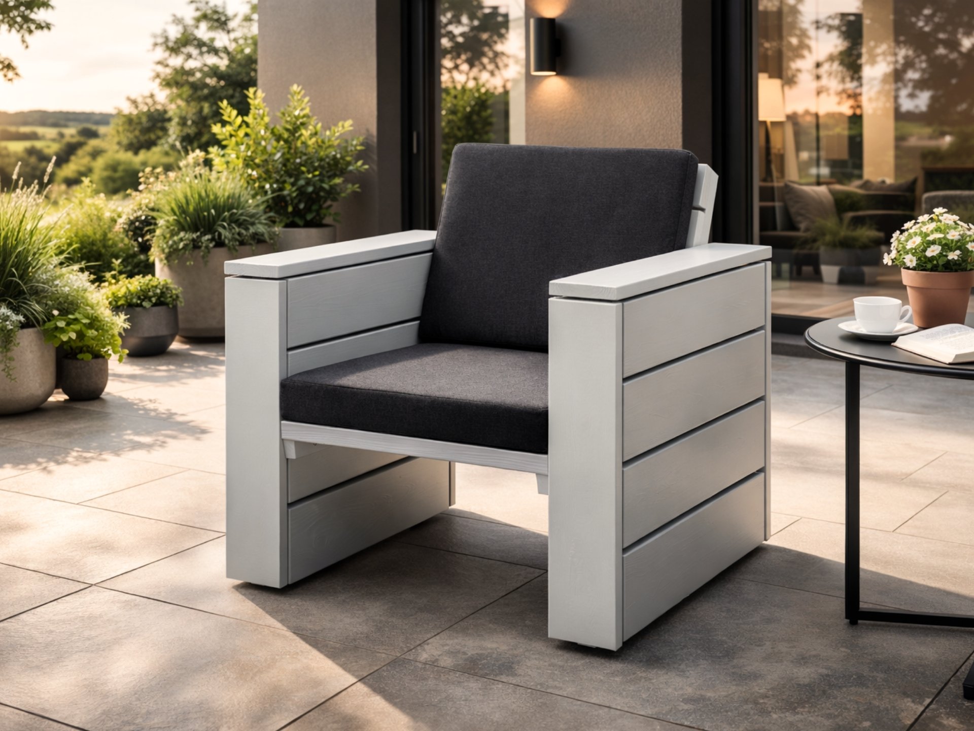 Lounge Sessel aus Holz in Lichtgrau mit anthrazitfarbenen Polstern auf moderner Terrasse.