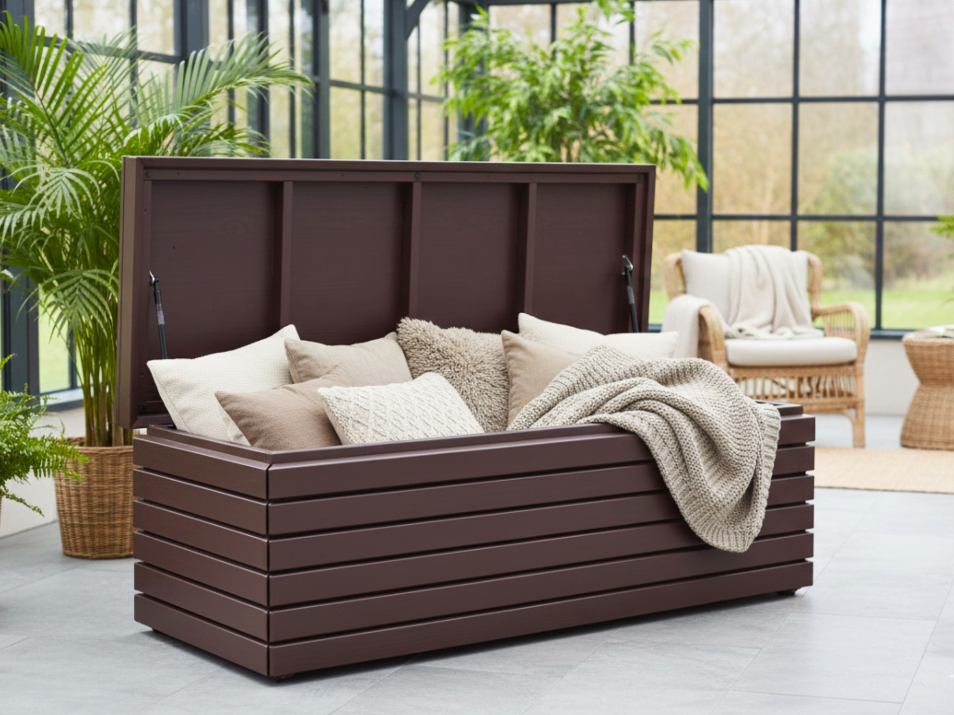 Truhe Rhombus 160 in Dunkelbraun als vielseitige Aufbewahrung und Sitzgelegenheit für Wohnraum oder überdachte Außenbereiche.