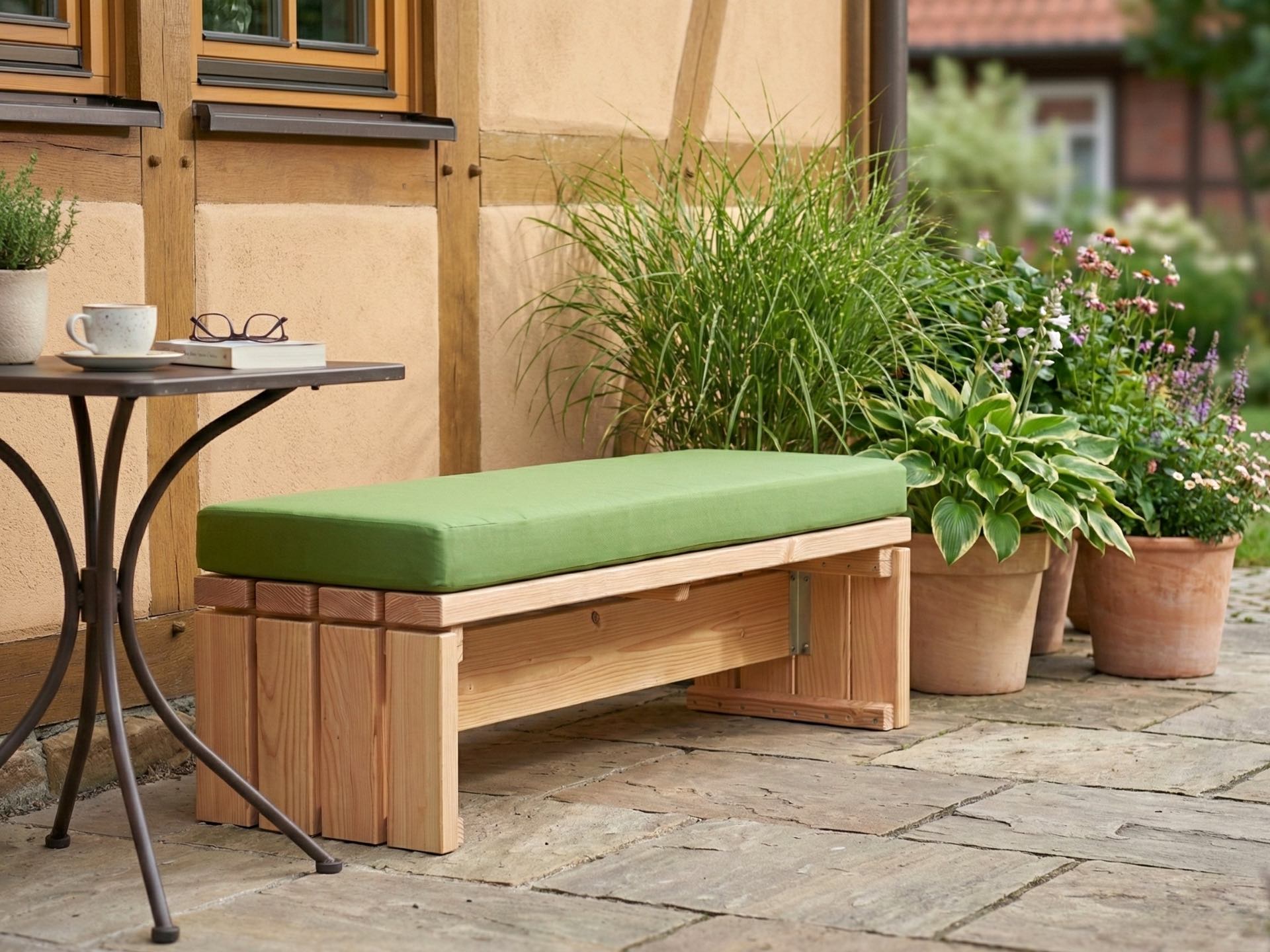 Loungebank in Natur geölt mit hellgrünem Polster, an einer Wand als Sitzbank auf Terrasse oder Balkon.
