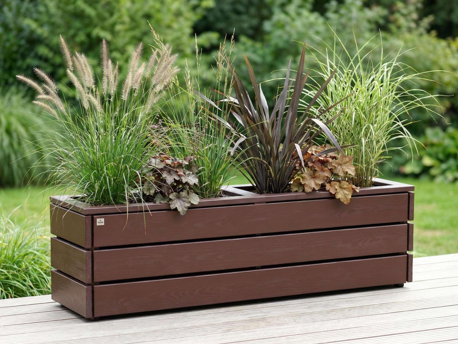 Pflanzkasten Classic 2M in Dunkelbraun 172×43×51 cm mit zwei herausnehmbaren Kunststoff-Pflanzeinsätzen.