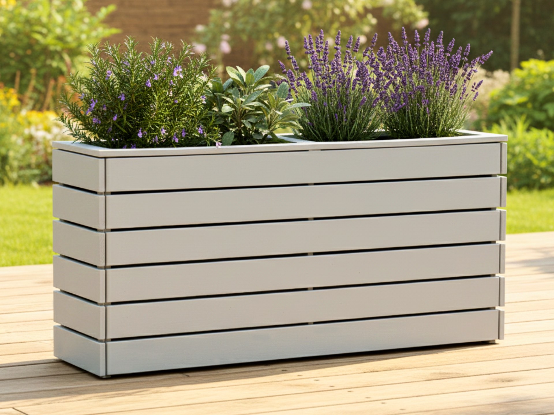 Großer Pflanzkasten Classic 2L in Lichtgrau 212×50×98 cm mit zwei herausnehmbaren Kunststoff-Pflanzeinsätzen.