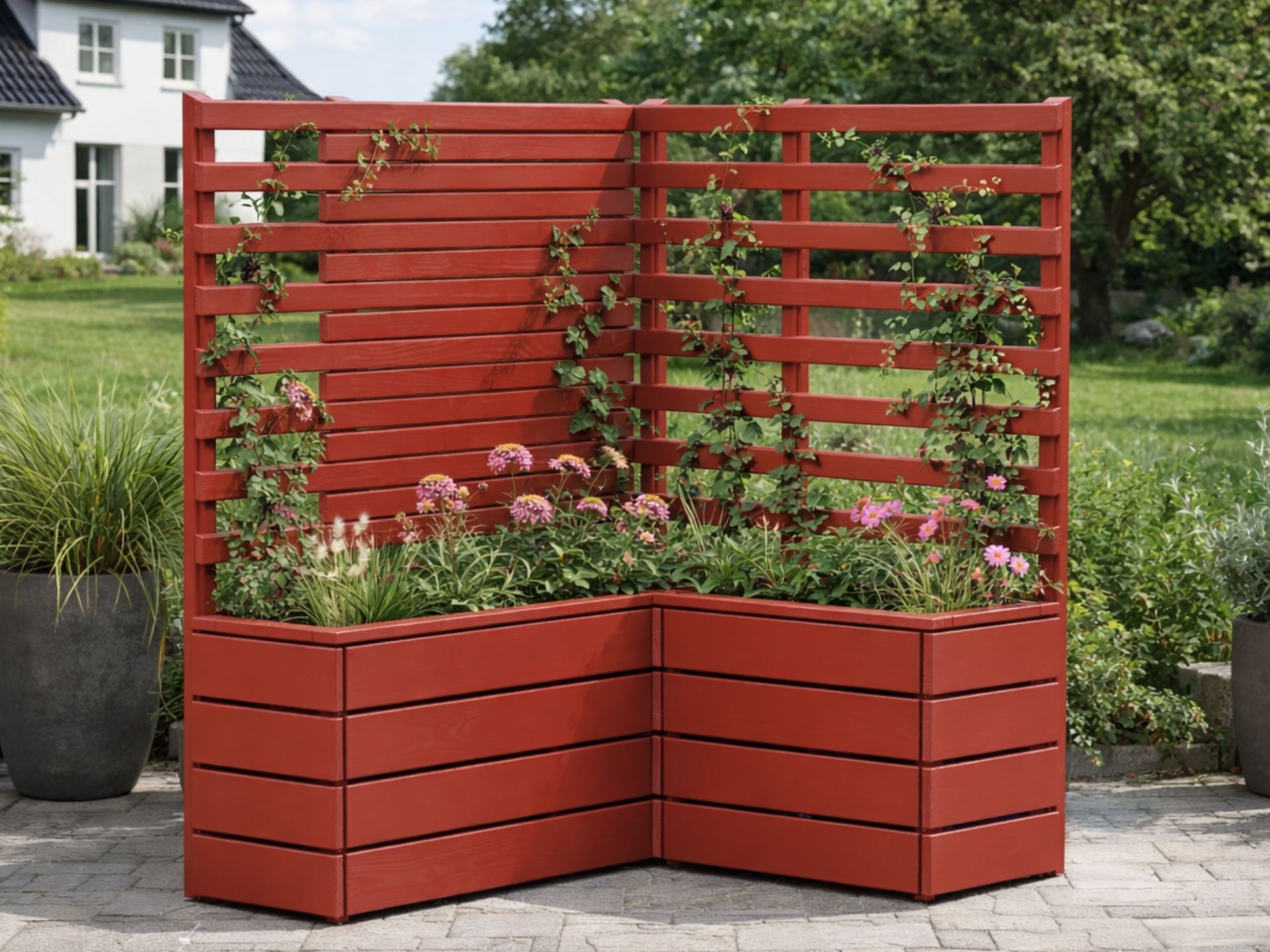 Pflanzkasten-Ecke in Skandinavisch Rot mit Sichtschutz und Rankgitter als Ecklösung für Privatsphäre und Begrünung.
