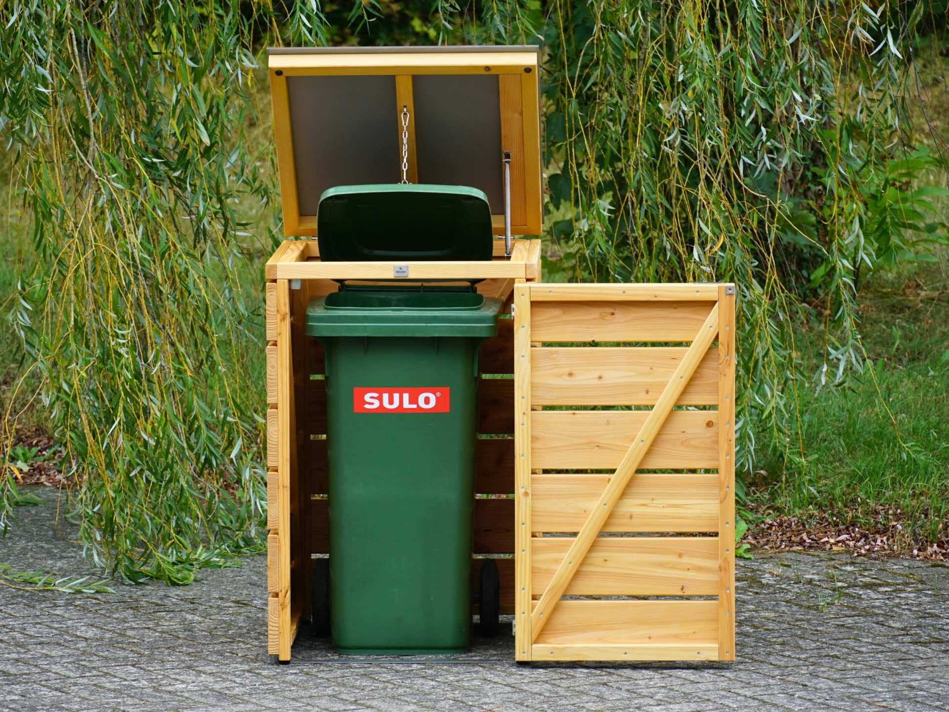 Mülltonnenbox Classic 120 L in Natur Geölt mit geöffnetem Deckel und geöffneter Tür – Gesamtansicht