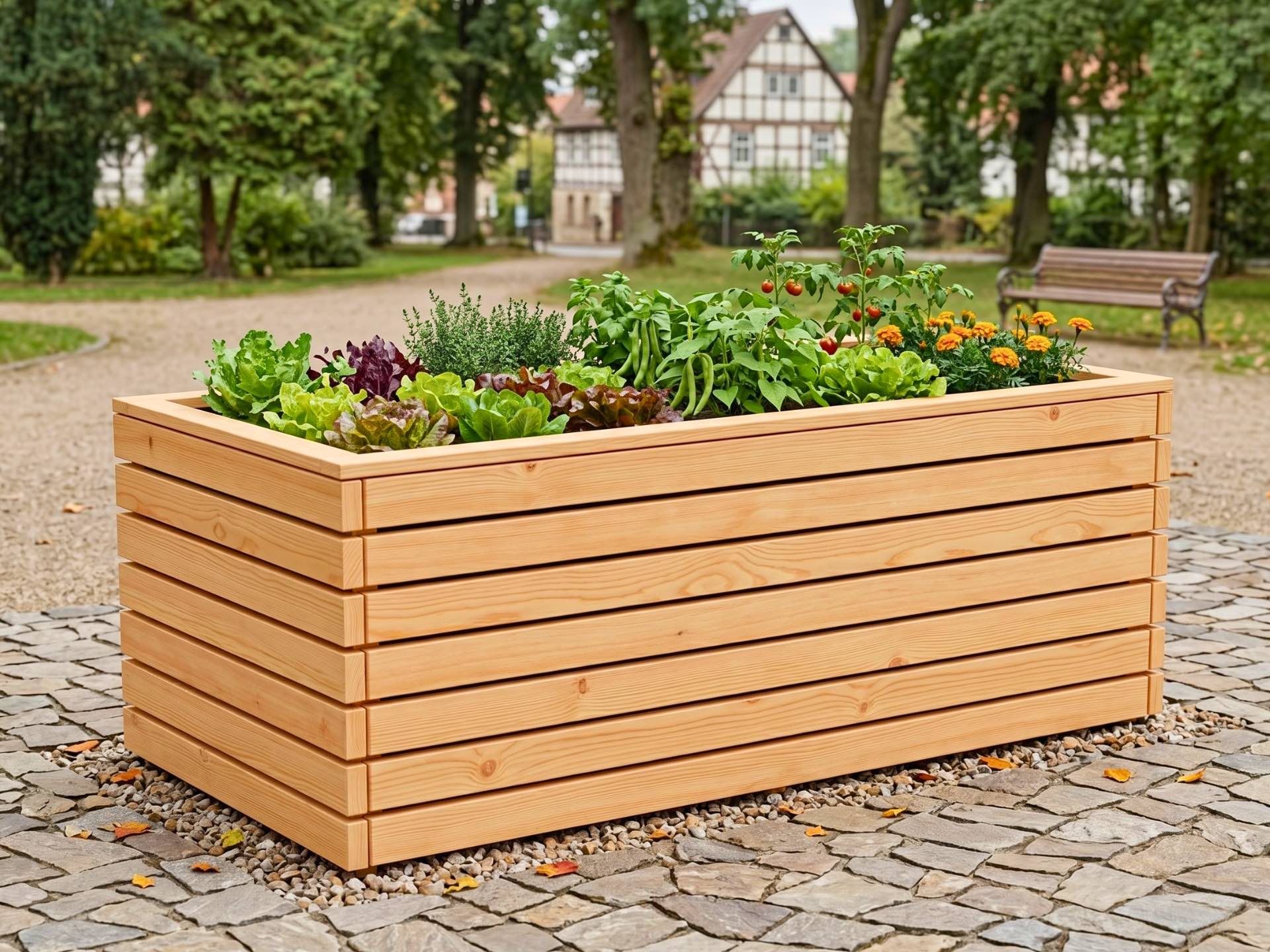 Hochbeet ClassicPlus aus geölter Douglasie mit stabilem Boden für Dachterrasse und Objektflächen.
