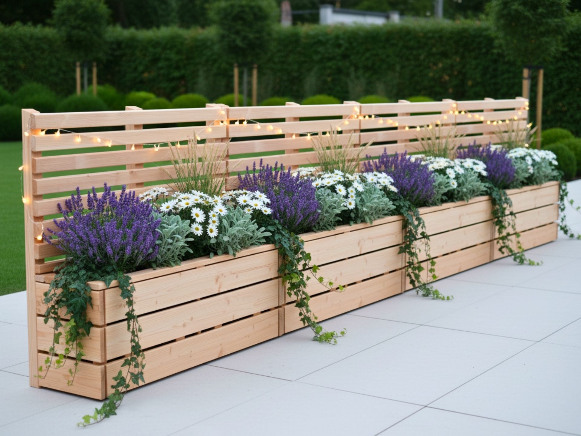 Vier Pflanzkästen Classic 2S mit Sichtschutz A30 in Reihe, Gesamtbreite 528 cm, als stilvolle Alternative zu einem klassischen Sichtschutz.