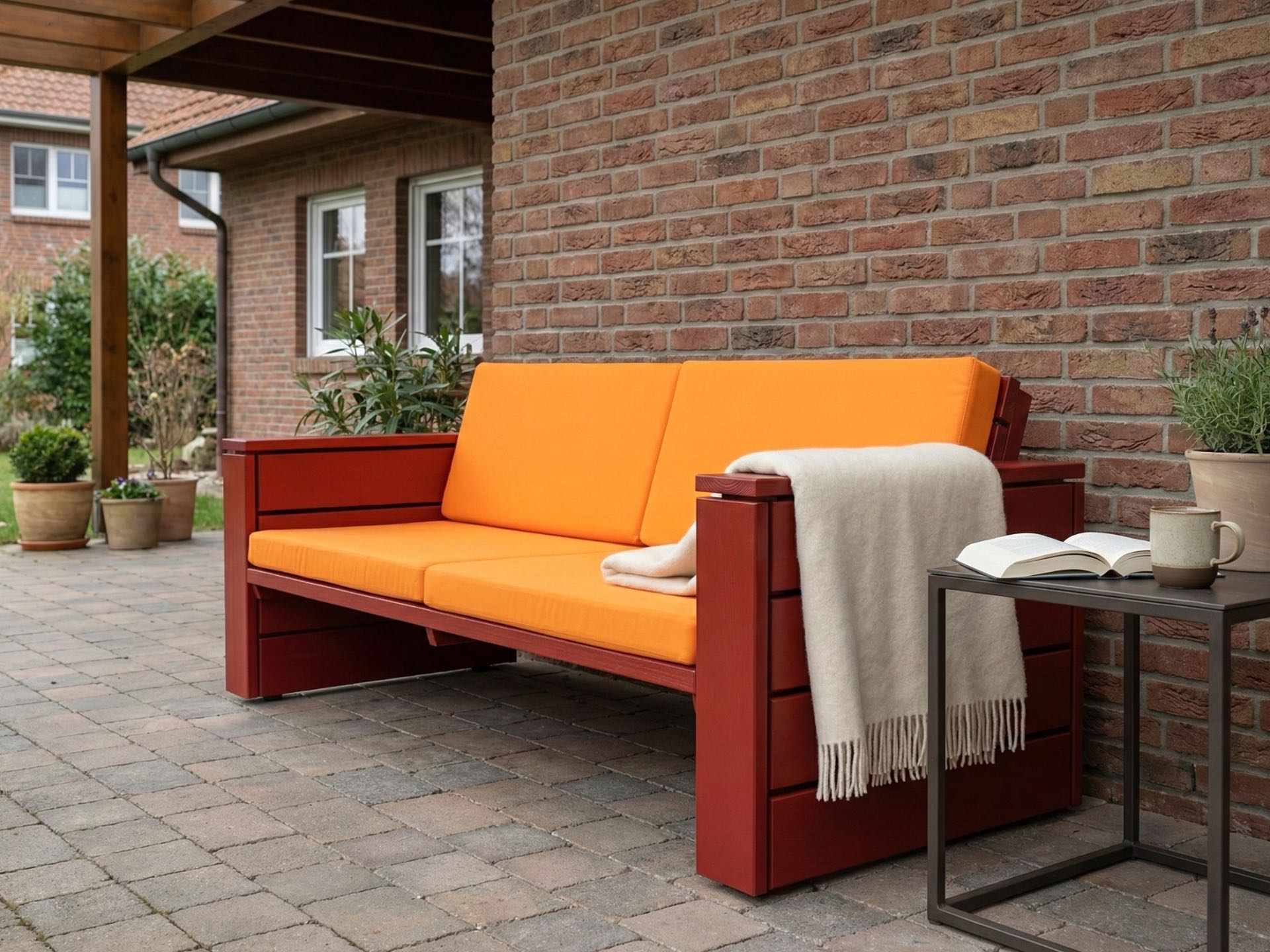 Lounge Sofa 3–4 Sitzer in Skandinavisch Rot mit orangefarbenen Polstern für Terrasse und Garten.