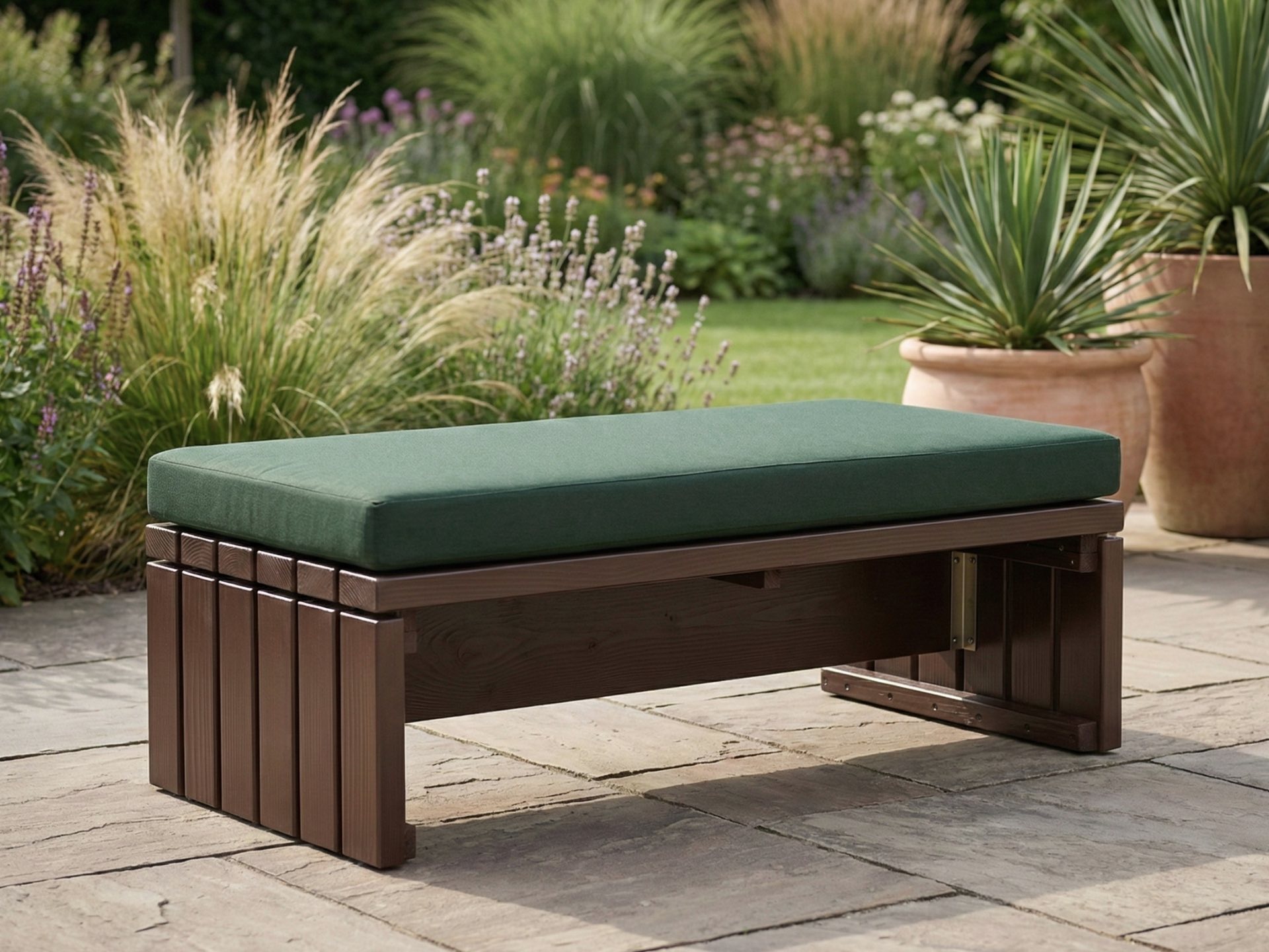 Lounge Hocker in Dunkelbraun mit dunkelgrünem Polster als modulares Element einer Outdoor-Lounge nach Maß.