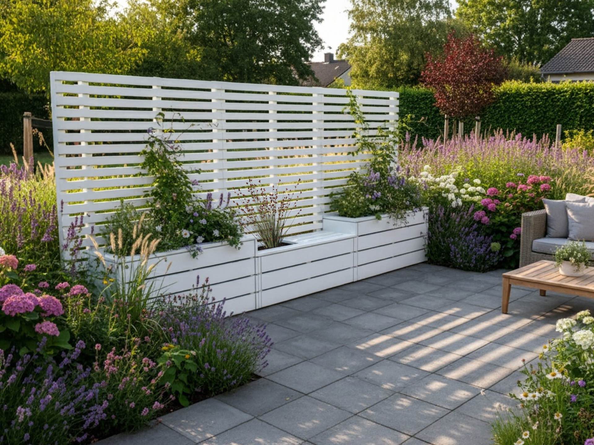 Dreiteiliger Sichtschutz aus Holz - mit Pflanzkästen & Sitzbank für Garten & Terrasse Dreiteiliger Sichtschutz in einem ruhigen Garten, umgeben von blühenden Stauden und hohen Gräsern, als dekorativer Hintergrund einer gepflegten Terrasse.