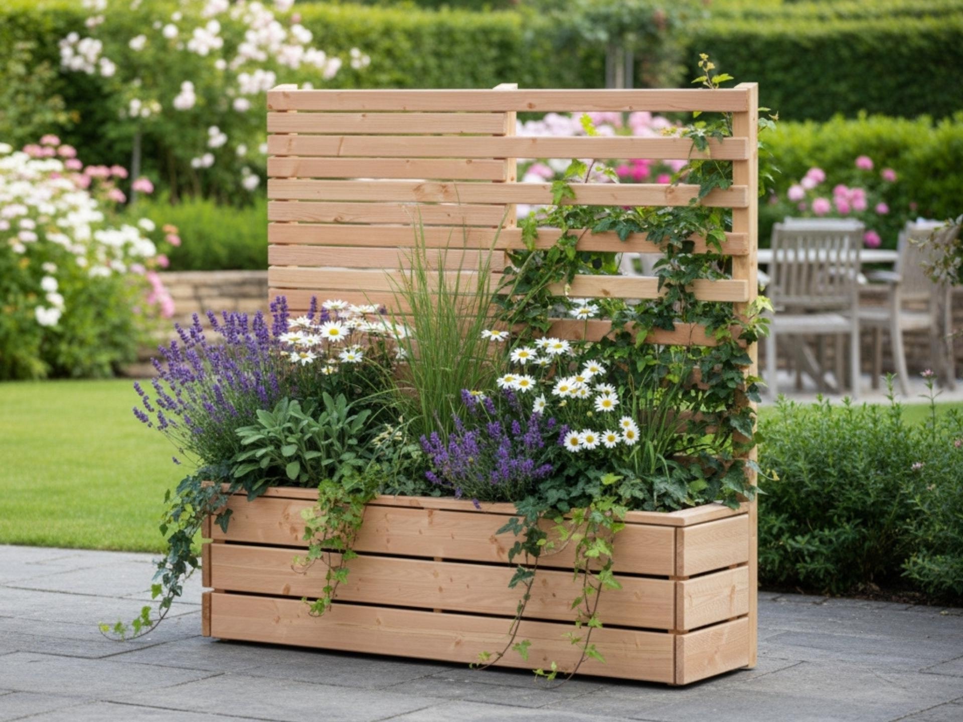 Pflanzkasten Modell Classic mit kombiniertem Sichtschutz – halb geschlossene Wand, halb Rankgitter, wetterfest und dekorativ.