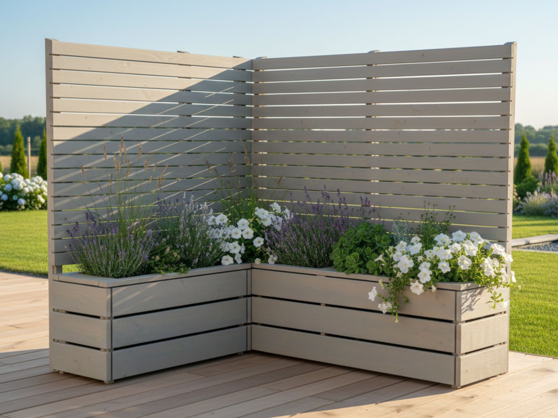 Pflanzkasten Classic mit Sichtschutz A10 in Grau Geölt – Perspektive von vorn links mit frischer Bepflanzung