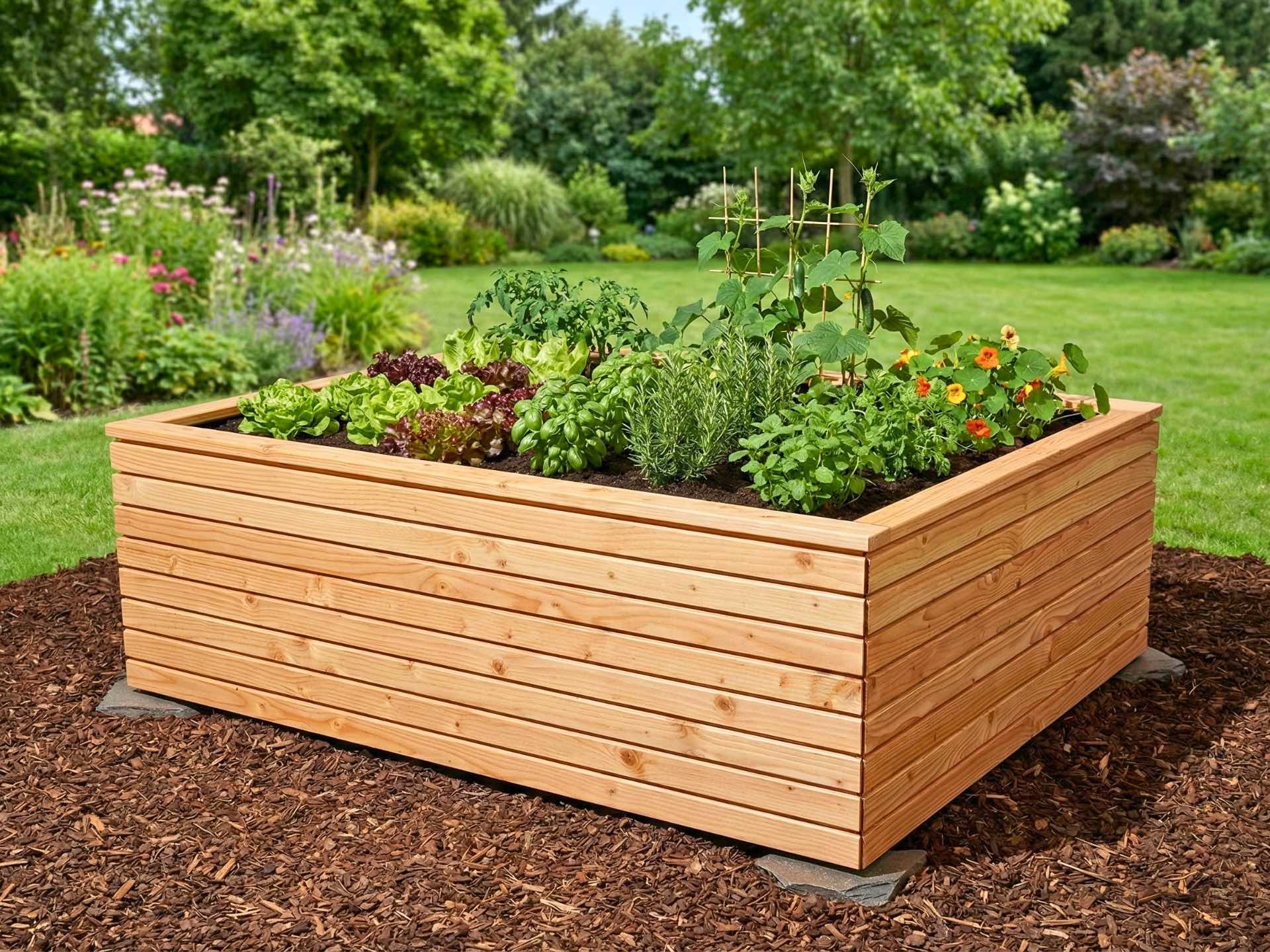 Großes Hochbeet Rhombus aus natur geöltem Holz in 180×145×62 cm für umfangreichen Gemüse- und Kräuteranbau.