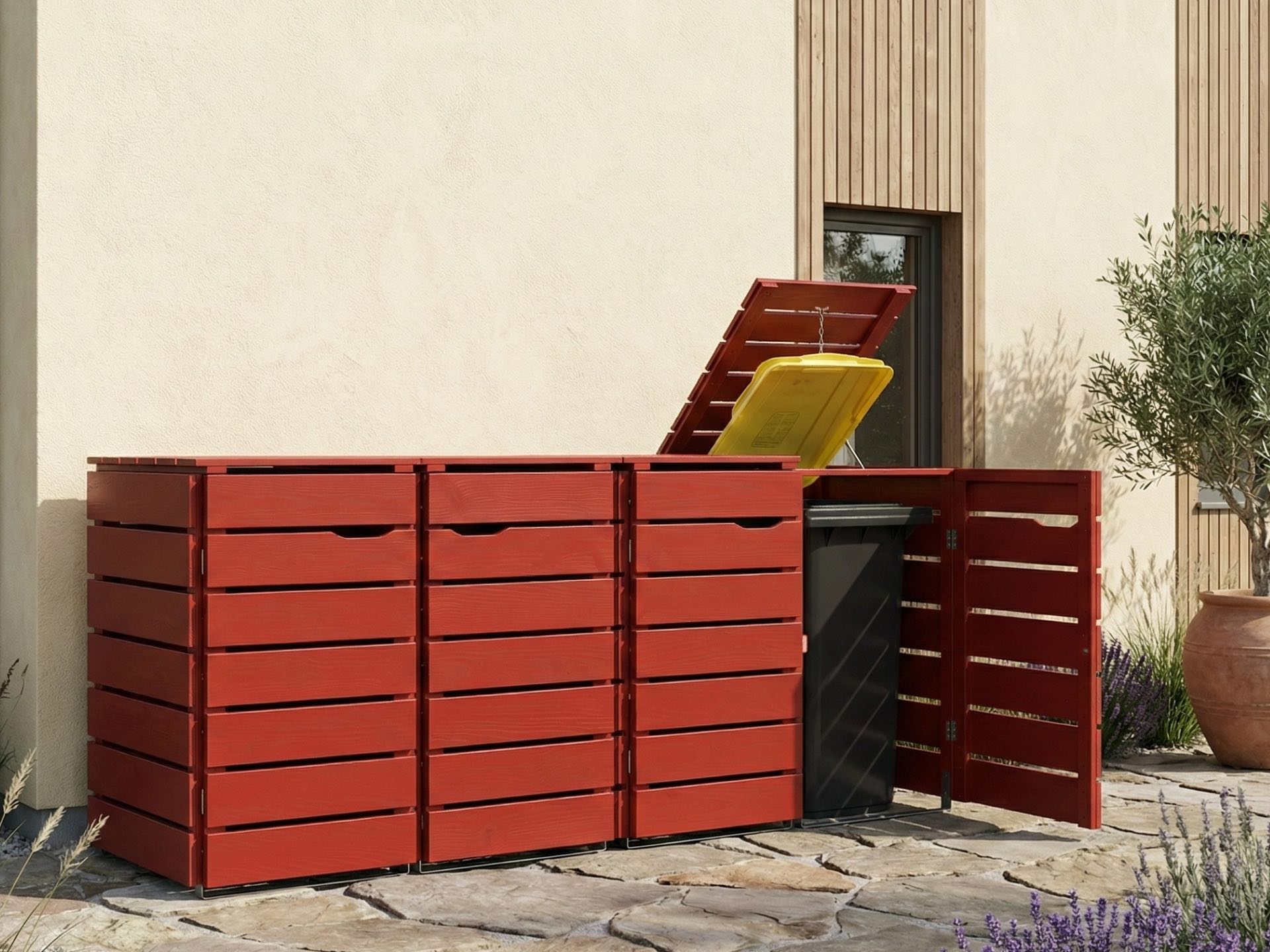 4er Mülltonnenbox Classic 240 L in Skandinavisch Rot als farbiger Akzent für eine individuelle Vorgartengestaltung.