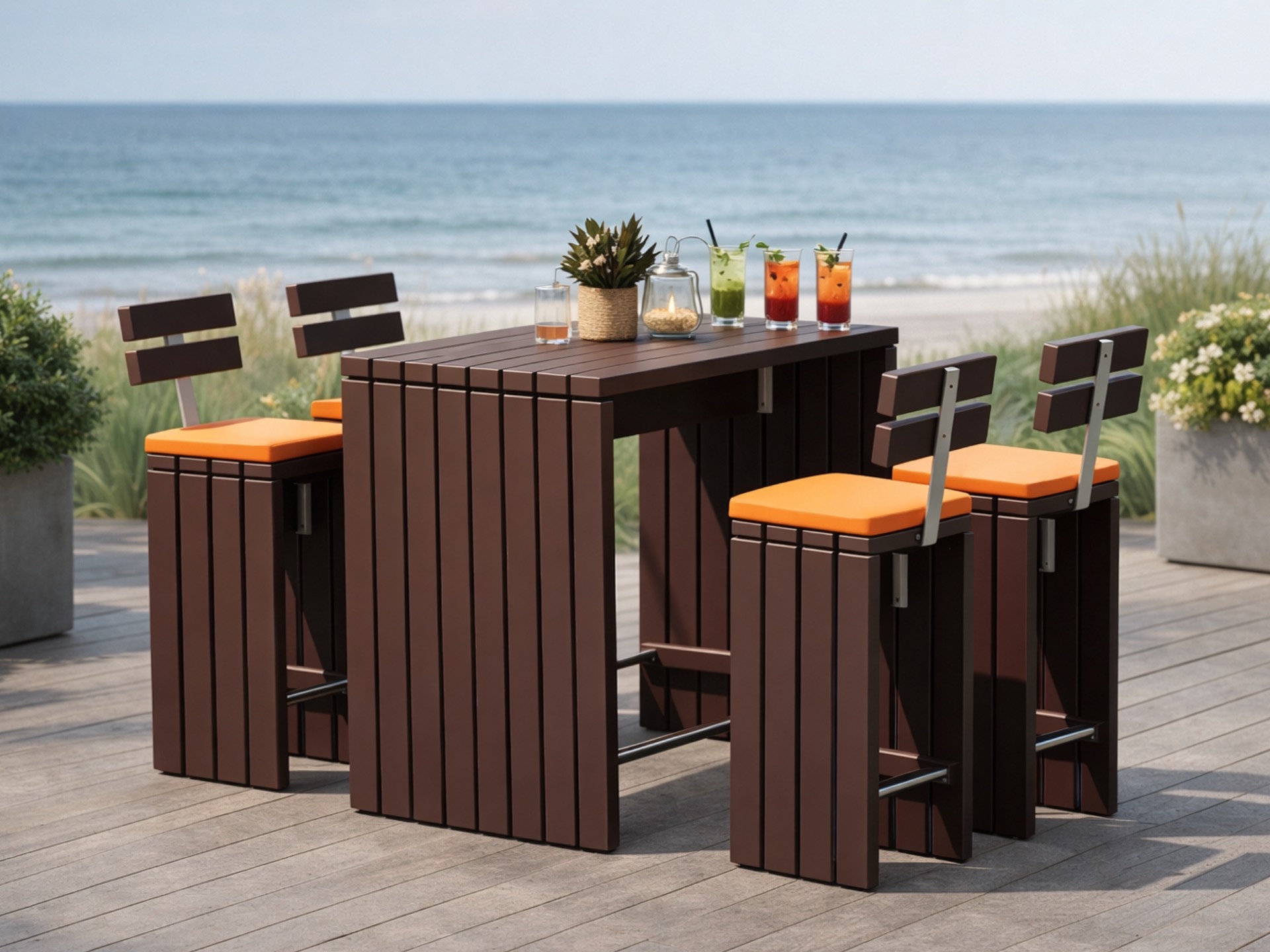 Barmöbel Set aus Holz mit Stehtisch und vier Barhockern mit Rückenlehne auf Terrasse am Meer.