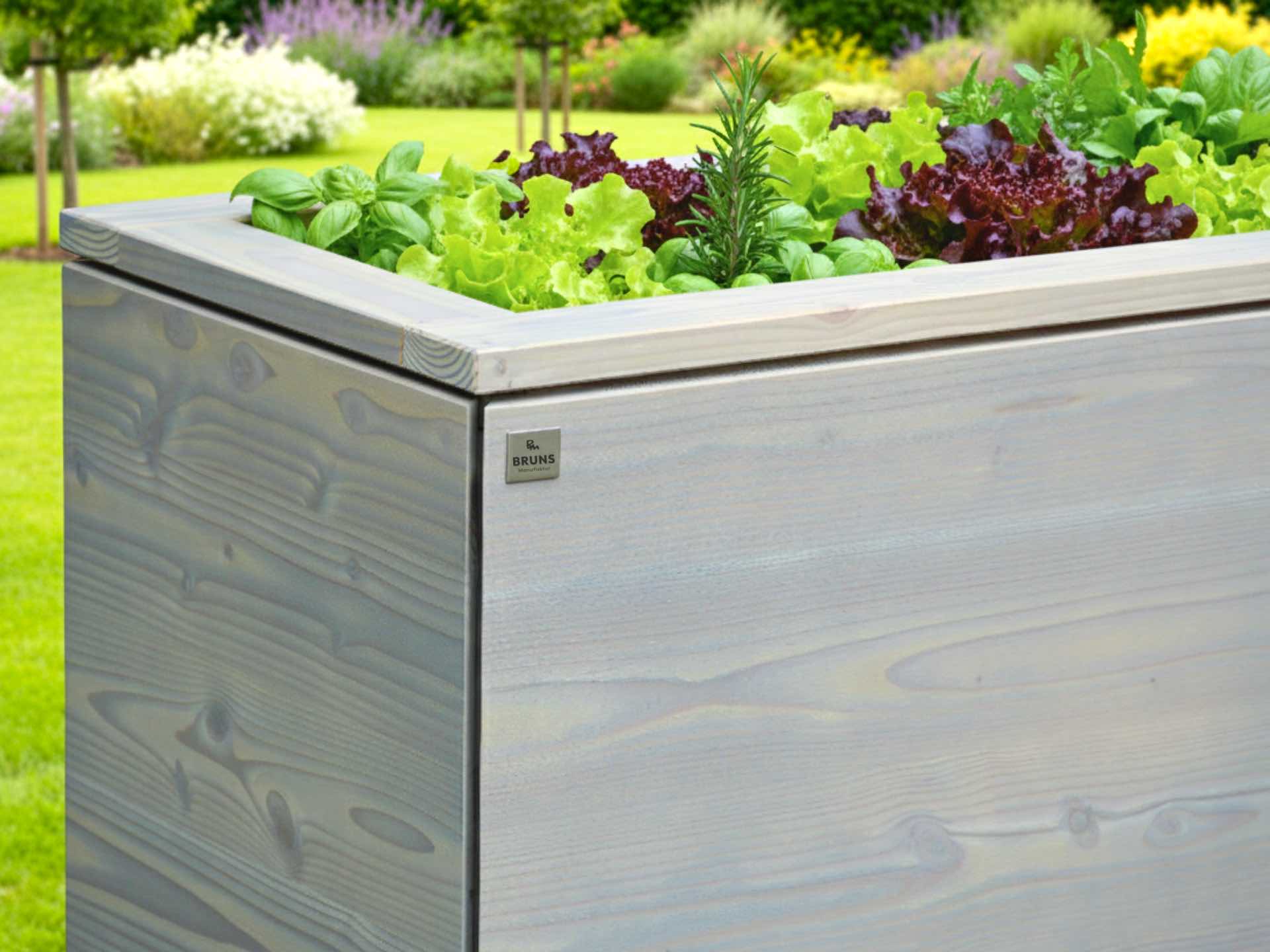 Linker Bereich des Hochbeets Kubus in Grau Geölt – umlaufender Rahmen trifft auf präzise Gehrungsschnitte in Douglasien-Dreischichtplatte