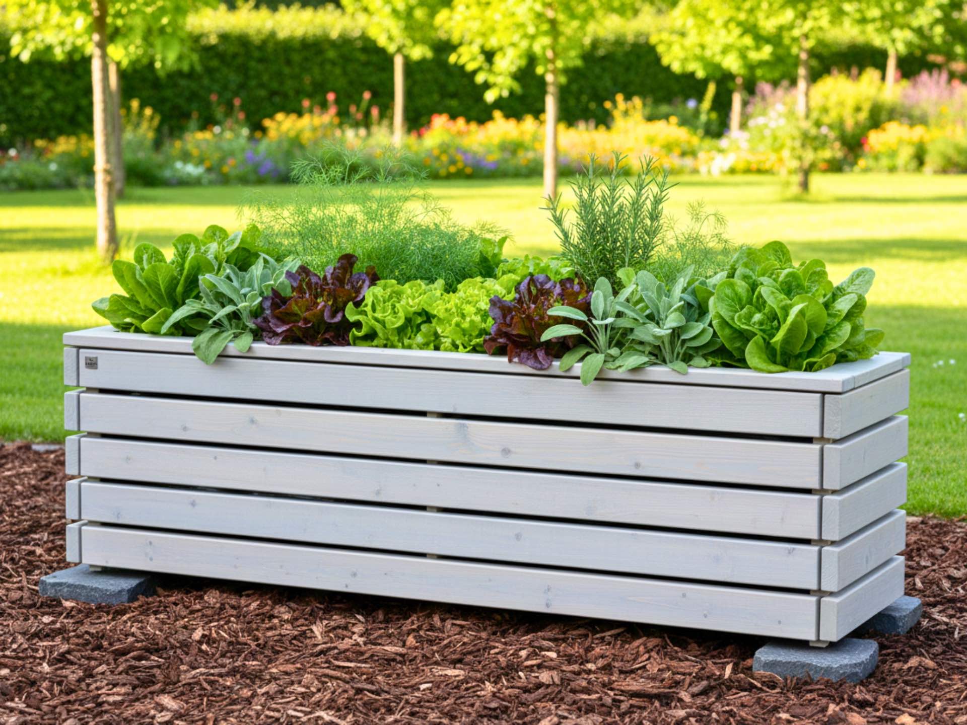 Graues Hochbeet Classic Plus 200×50×57 cm, gefertigt aus Douglasie, ideal für einen vielseitigen Kräuter- und Gemüseanbau.