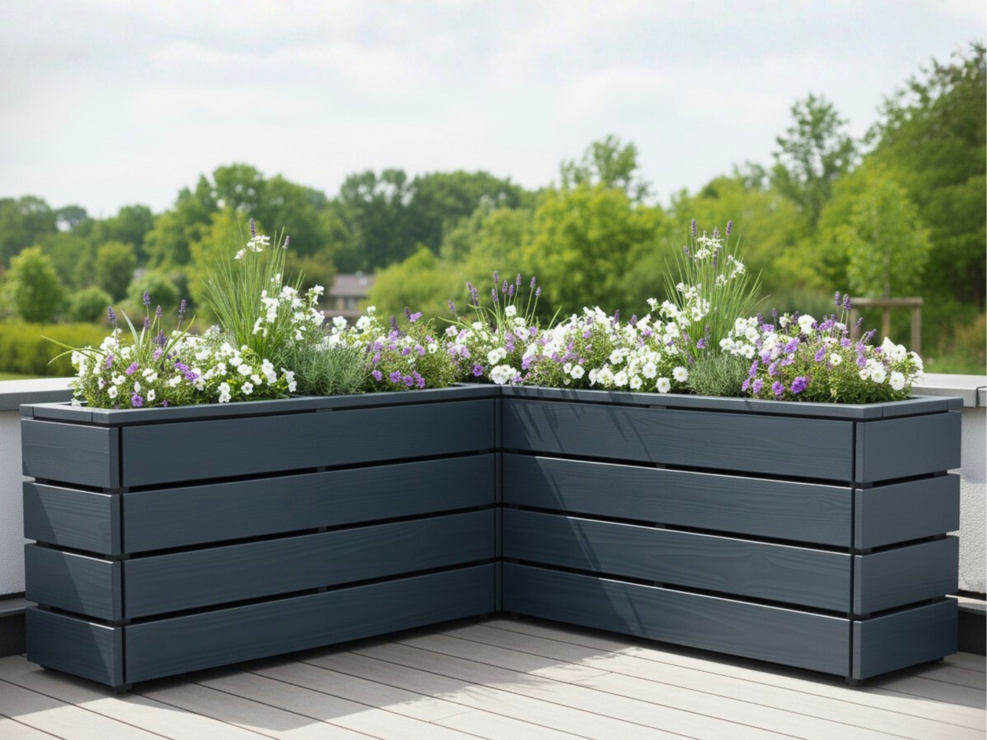 Zwei Pflanzkästen Classic 2S in Anthrazit als Ecklösung auf einer Dachterrasse zur Begrünung und Strukturierung.