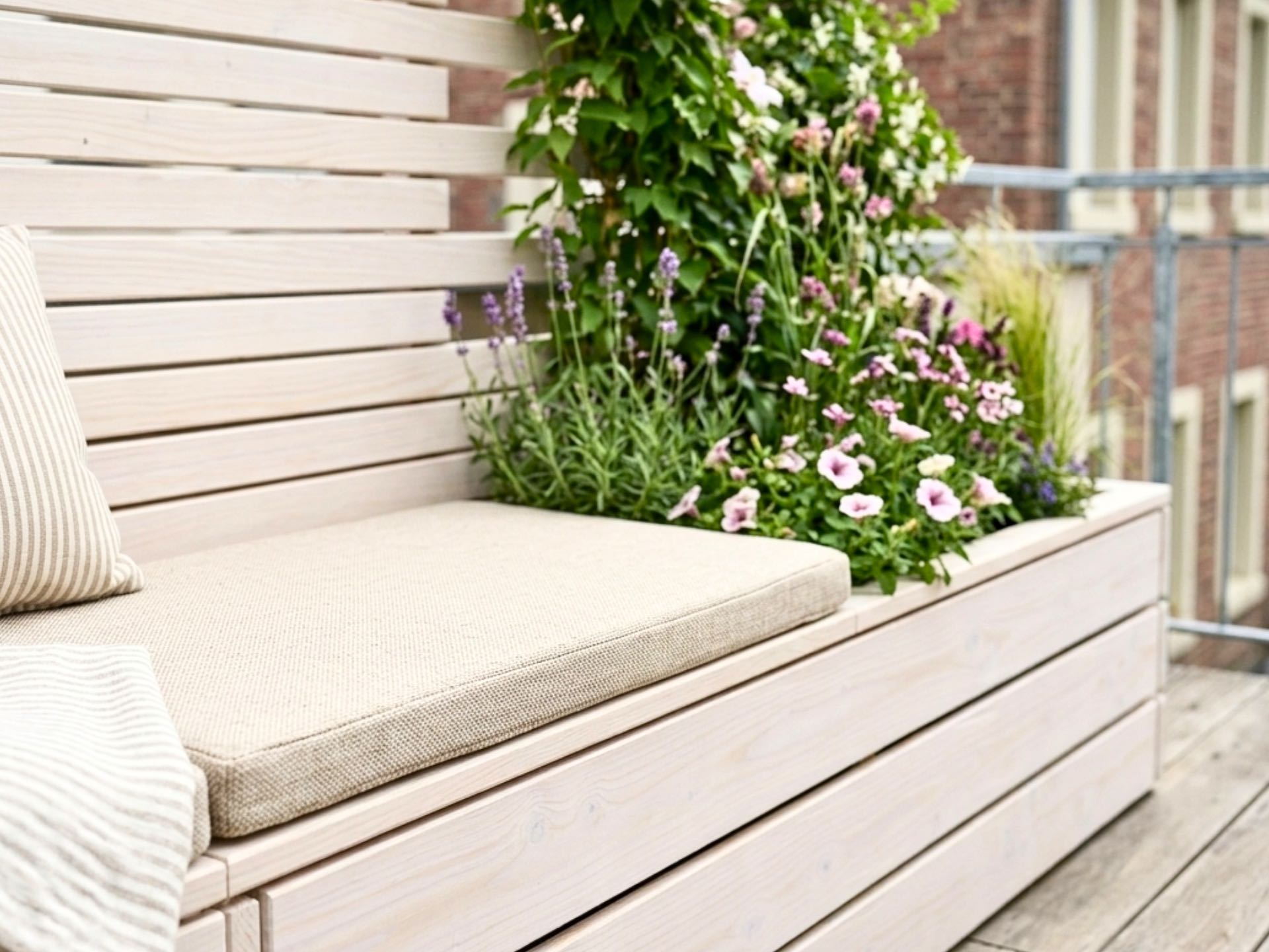 Pflanzkasten Classic 2M mit Sitzbank – bequemes 50 mm Sitzpolster in Beige – Detail