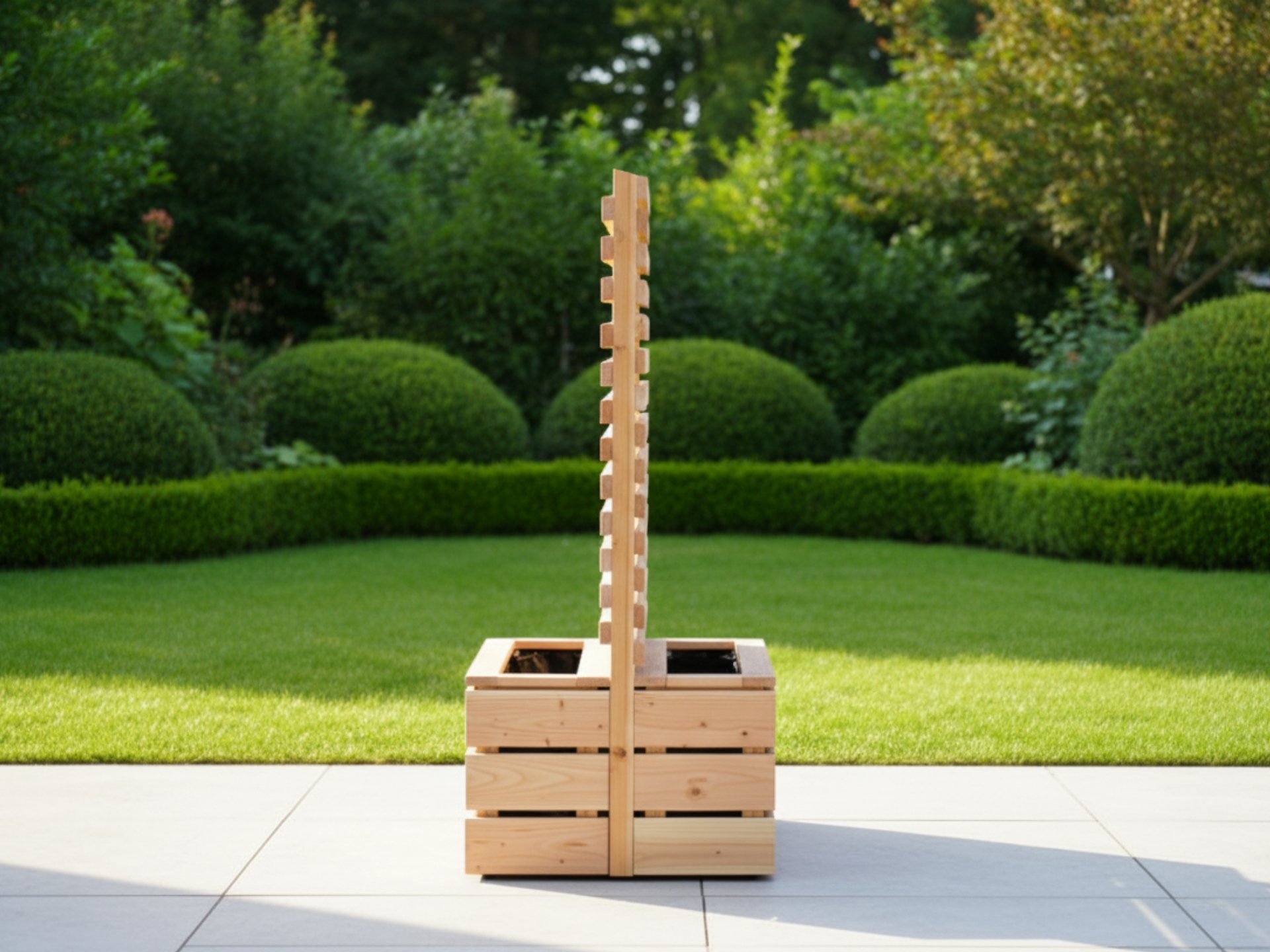 Seitenansicht der Pflanzkasten-Sichtschutz-Kombination – beide Seiten individuell bepflanzt, ideal für geteilte Außenbereiche