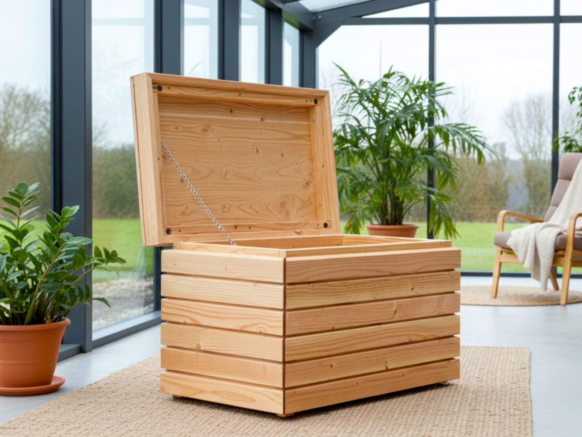 Kleine Truhe aus Douglasie für überdachte Balkone oder Wohnräume, vielseitige Aufbewahrung mit natürlicher Holzoptik.