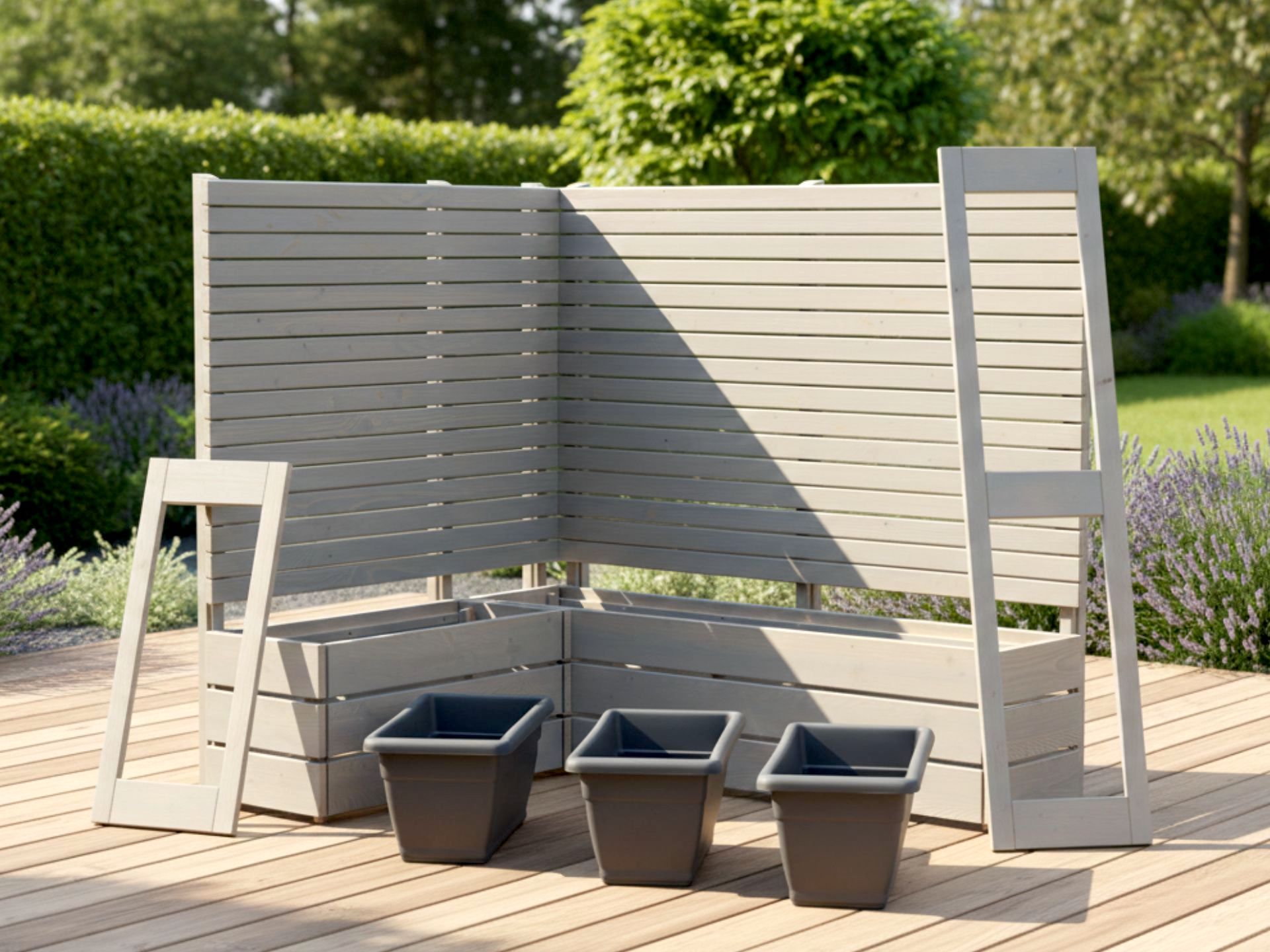 Sichtschutz-Ecke mit Pflanzkasten Classic in Grau Geölt – Komponenten wie Korpus, Einsätze, Rahmen und Sichtschutz-Element