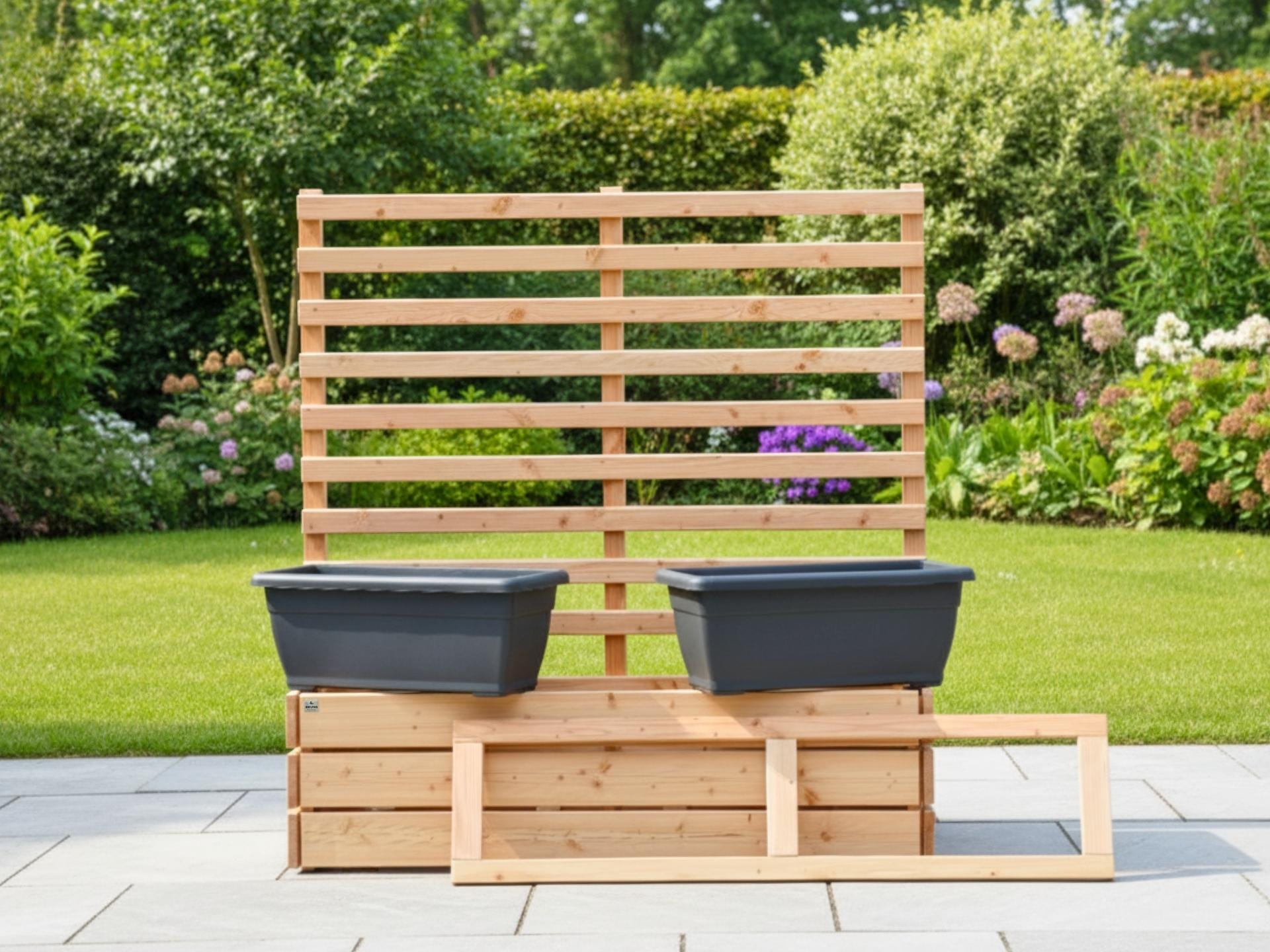 Einzelteile des Pflanzkastens mit Rankgitter A90 – Korpus, Rankgitter, Pflanzeinsätze, Rahmen	