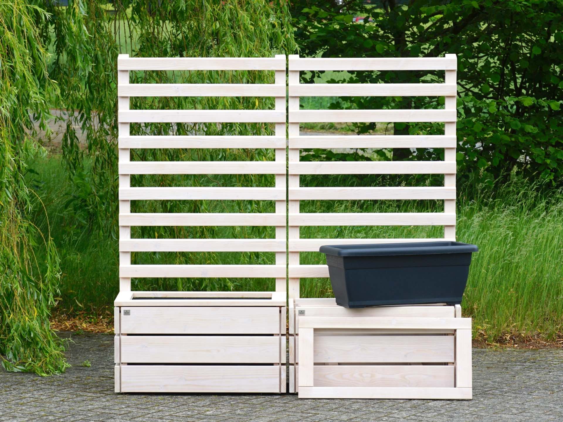 2er Set Pflanzkasten M Classic mit Rankgitter in Weiß Geölt – abnehmbarer Rahmen und herausnehmbarer Pflanzeinsatz – Gesamtansicht