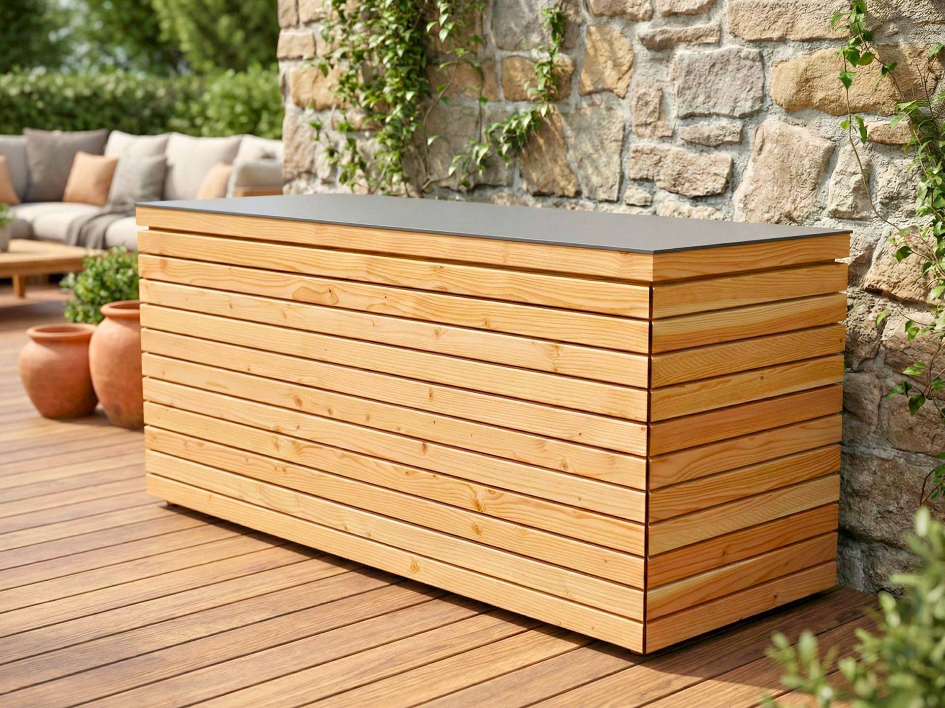 Große Gartenbox Rhombus 195 in Natur Geölt als wetterfeste Stauraumlösung für Terrasse und Garten.