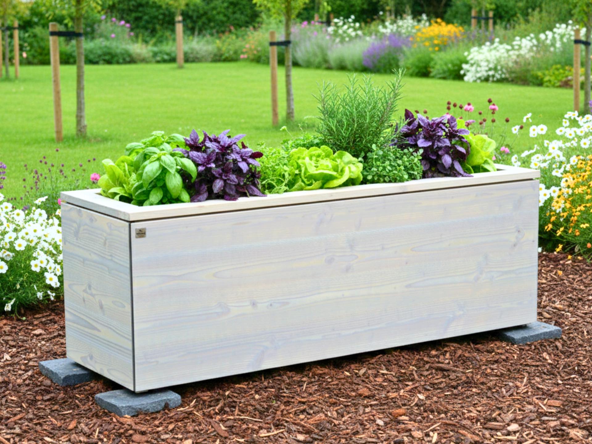 Hochbeet Kubus 170×50×58 cm in Grau geölt, ideal für Erdbeeren und kleines Snack-Gemüse als Naschgarten.