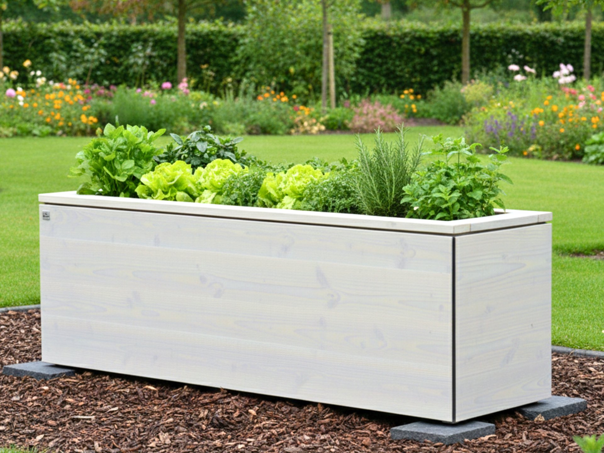 Puristisches Hochbeet Kubus 170×50×58 cm aus glatter Douglasien-Dreischichtplatte, Grau Geölt, wetterfest und modern gestaltet.