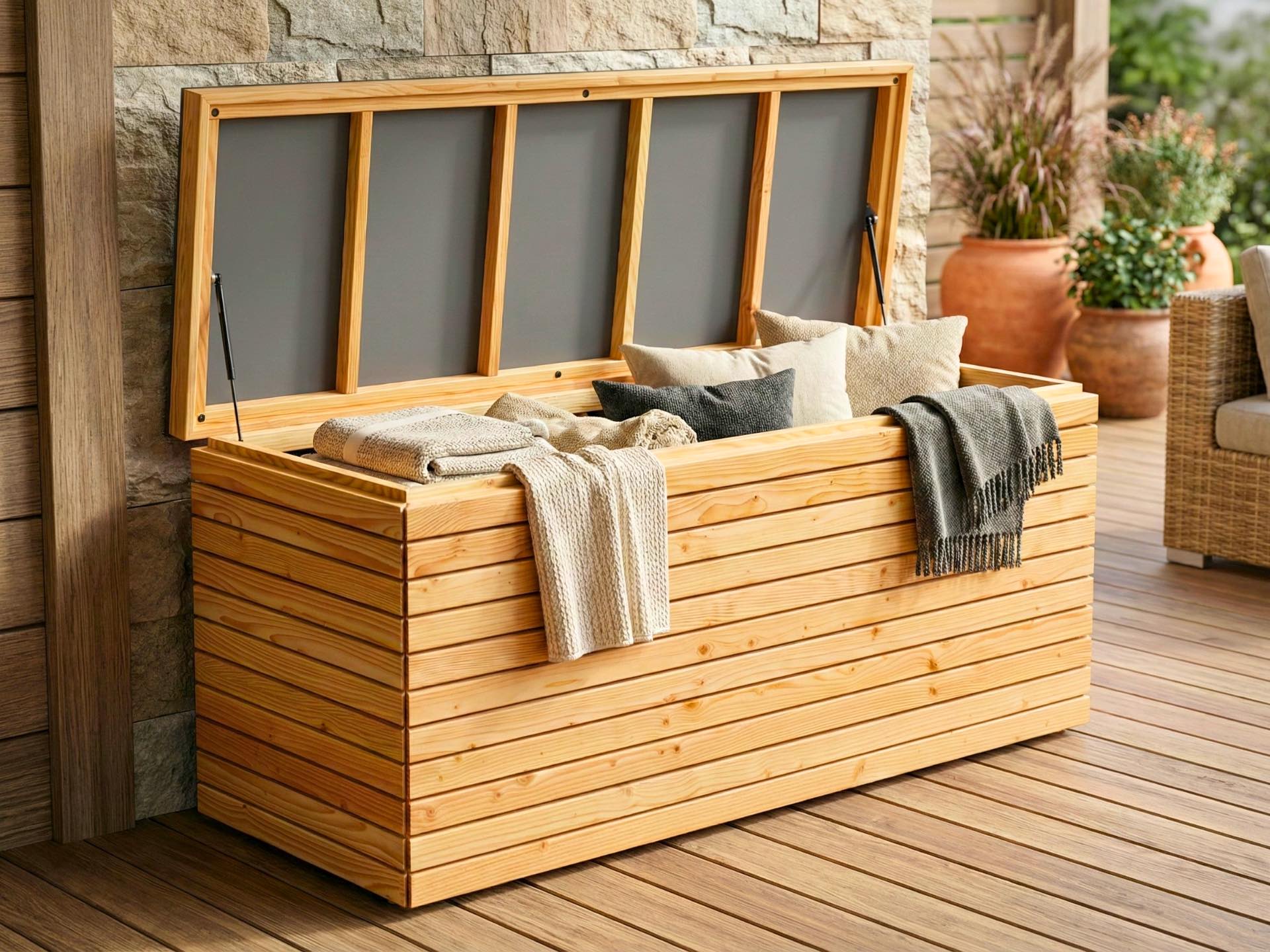 Große, wetterfeste Gartenbox Rhombus 195 in Natur Geölt als Auflagenbox und Kissenbox mit viel Stauraum.