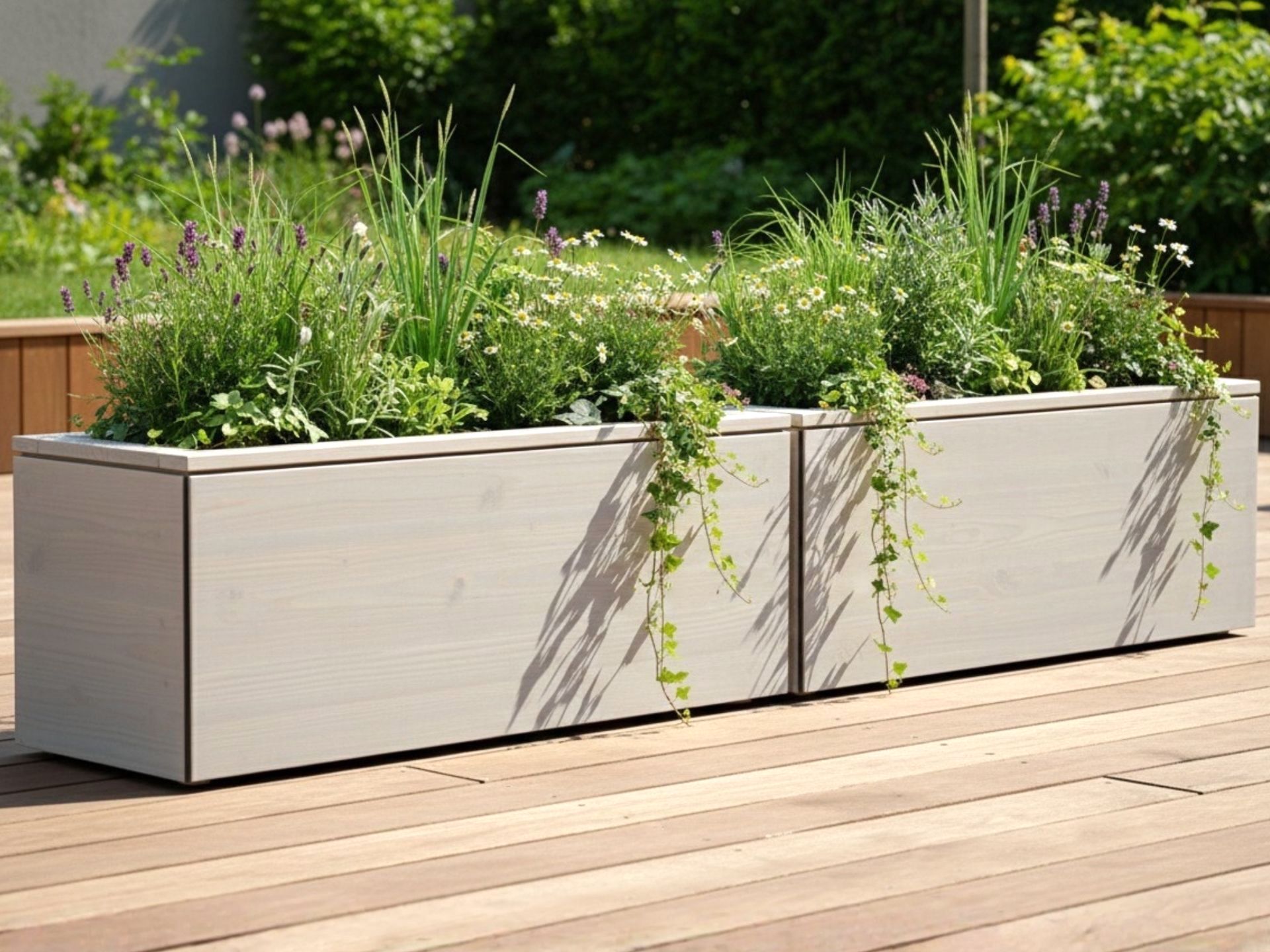 Maßgefertigte Pflanzkästen Cubus in Grau Geölt, geeignet für sehr kleine Balkone und große Terrassen oder Gärten.