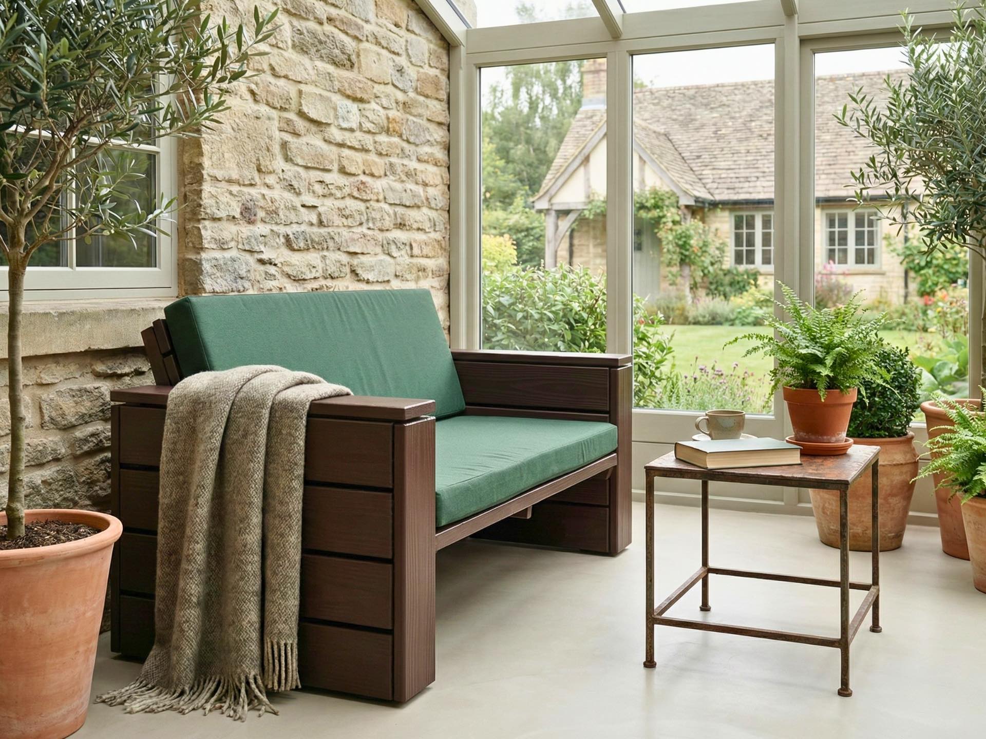 Holz Zweisitzer in Dunkelbraun mit dunkelgrünen Polstern im gemütlichen Wintergarten.