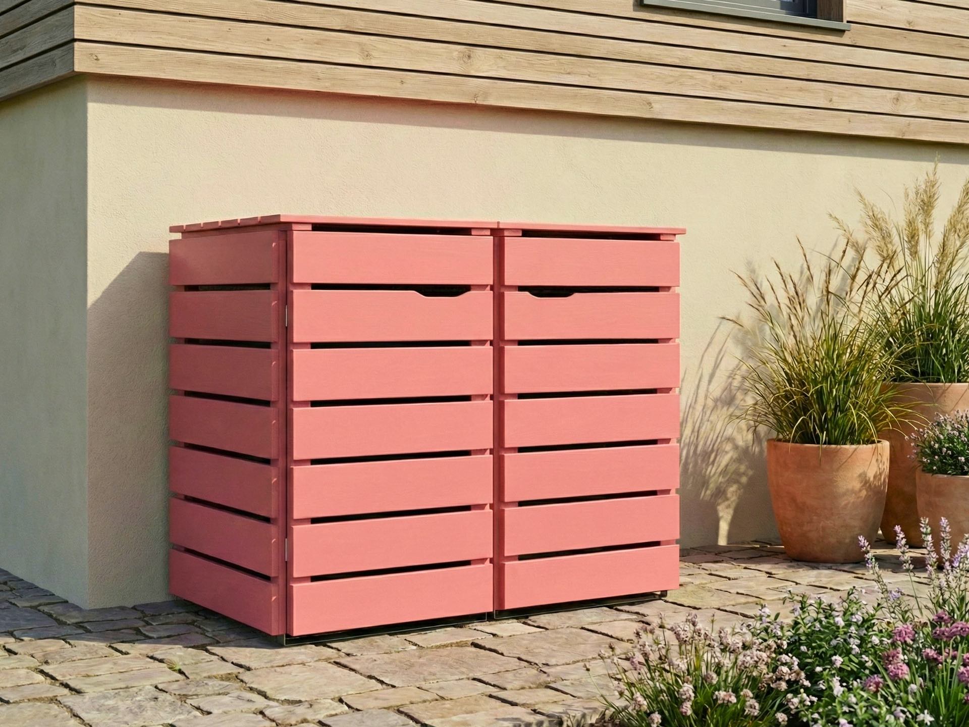 2er Mülltonnenbox 240 L in RAL 3014 Altrosa für individuelle Farbkonzepte und eine moderne Vorgartengestaltung.