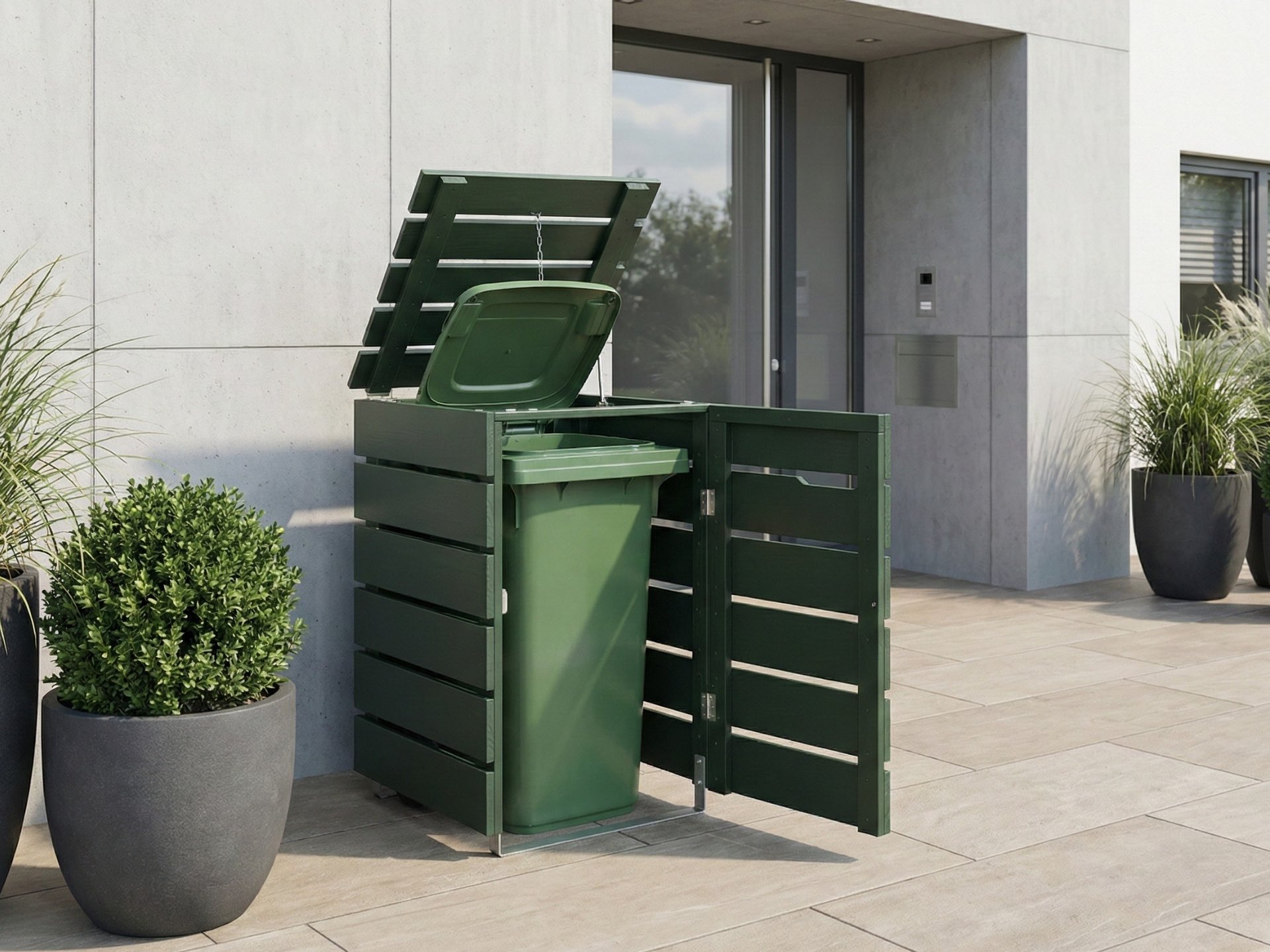 1er Mülltonnenbox 120 L in Moosgrün zur dezenten und naturnahen Unterbringung einer Mülltonne im Außenbereich.