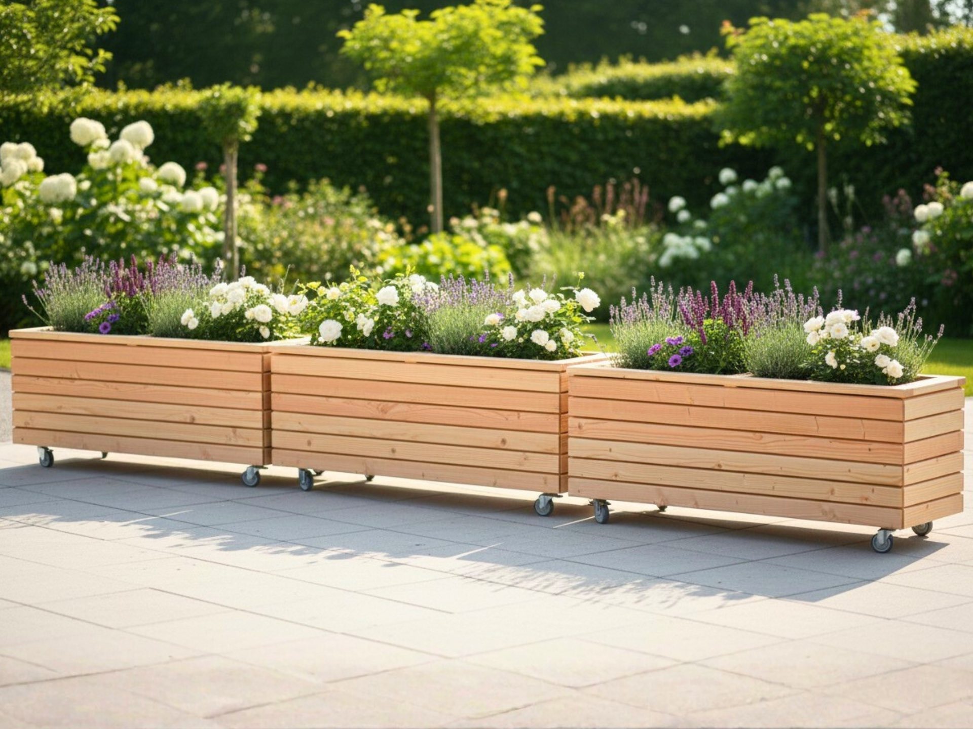 Drei Pflanzkästen Rhombus 2M mit stabilen Lenkrollen in Reihe aufgestellt, als mobiler Sichtschutz und flexible Abgrenzung.
