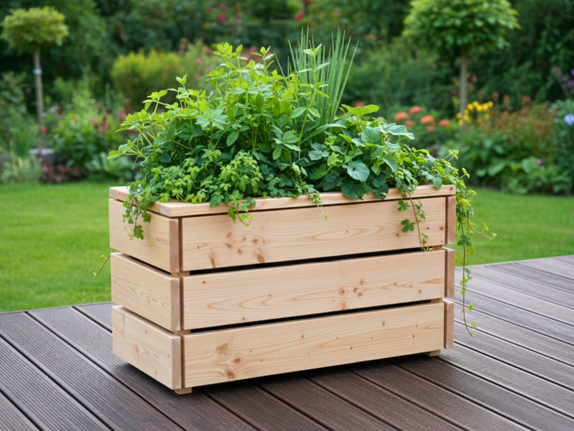 Pflanzkasten Classic M aus Douglasie mit Pflanzeinsatz, platzsparende Lösung für Balkon und Terrasse.