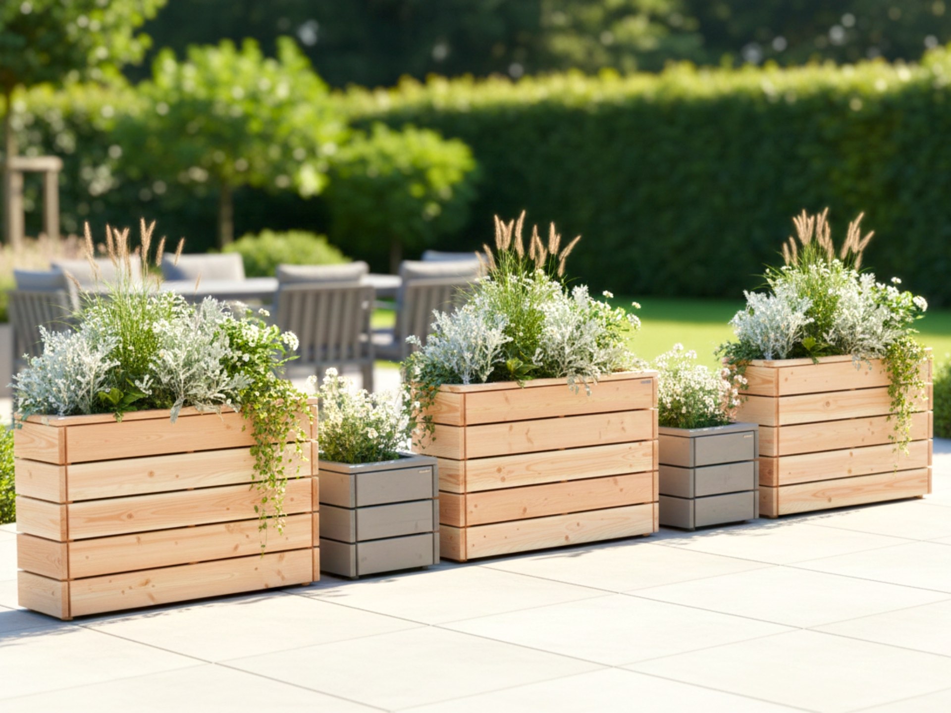 Reihe aus Pflanzkästen in Douglasie und Pflanzkübeln in Grau Geölt auf einer Terrasse – moderne, abwechslungsreiche Gestaltung.