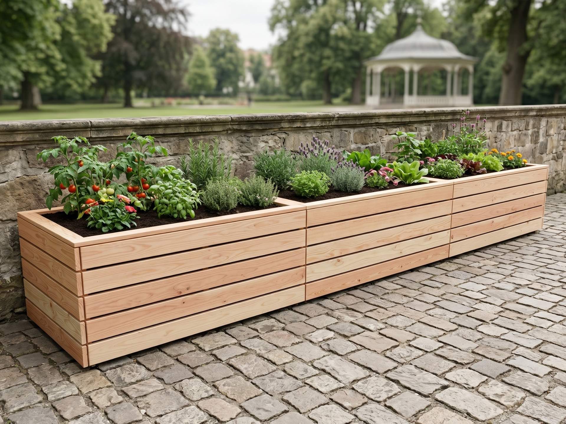 Hochbeet aus Douglasie mit drei Kammern und Boden für Pflaster, Terrasse oder Dachterrasse.