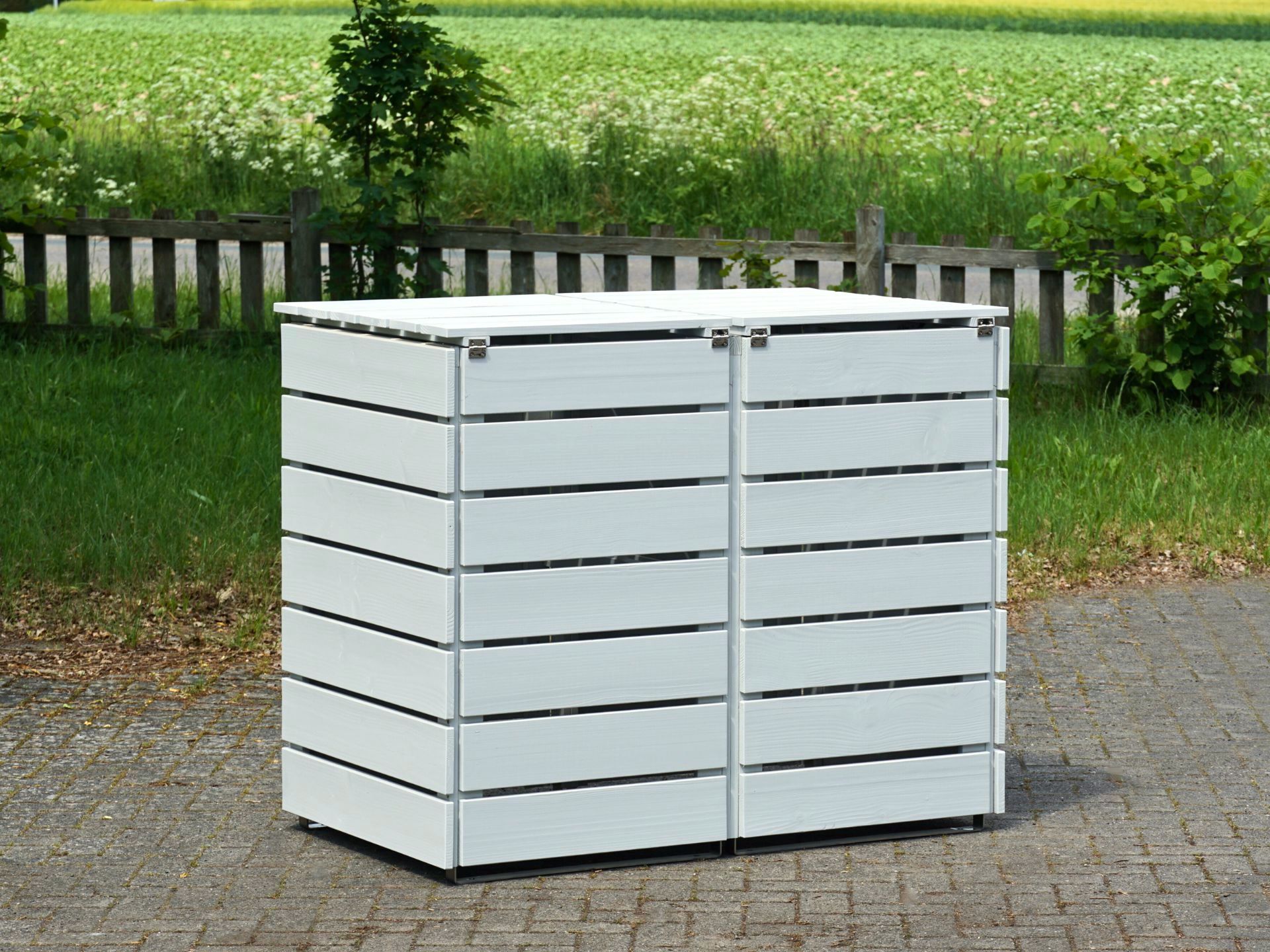 2er Mülltonnenbox in Hellgrau, Rückseite geschlossen