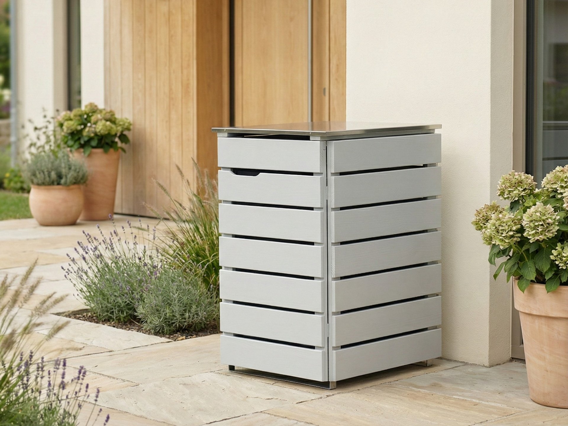 1er Mülltonnenbox Classic 240 L in Lichtgrau mit Edelstahl-Deckel zur dezenten Unterbringung großer Mülltonnen.