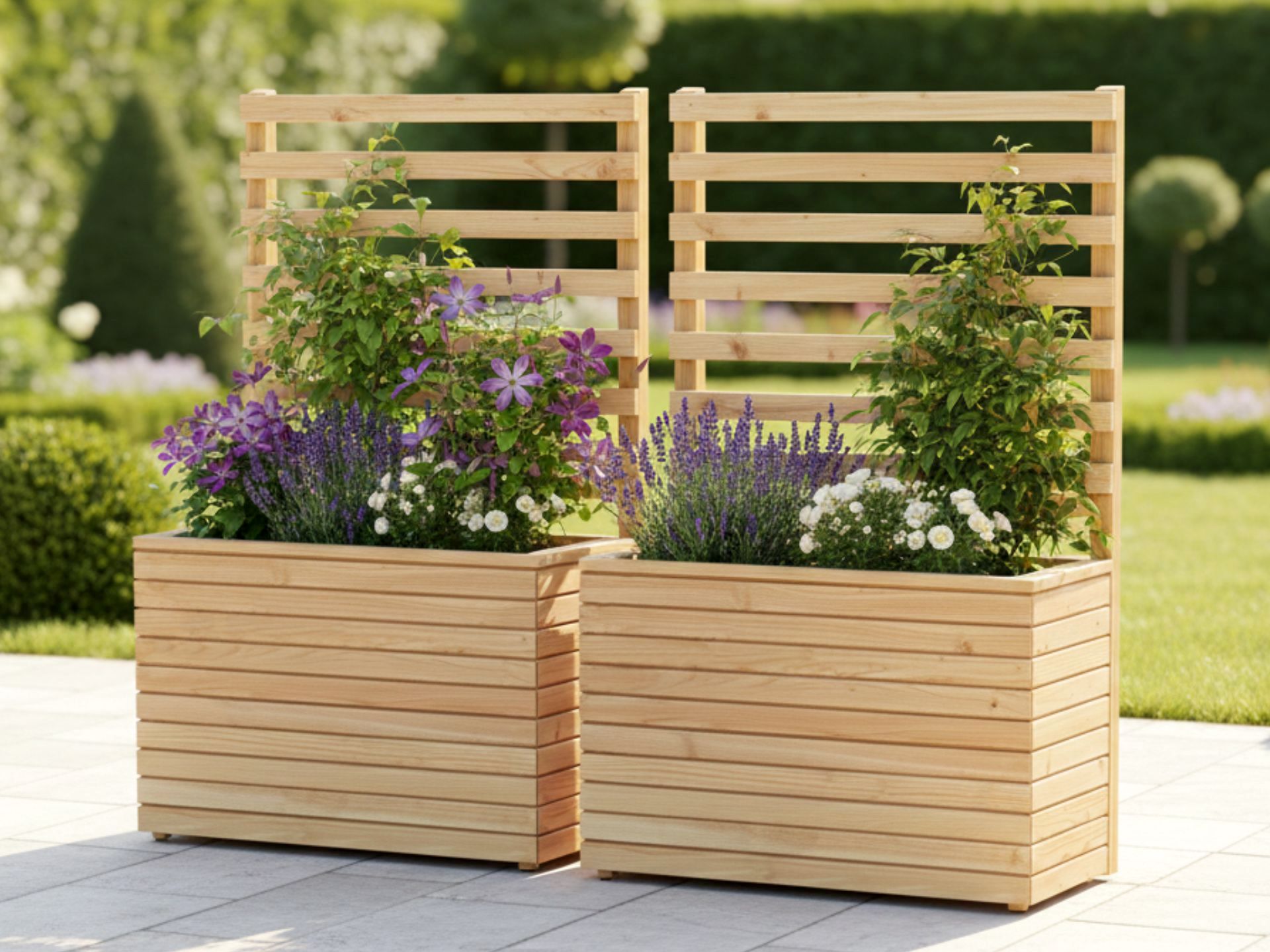 Zwei Pflanzkästen Rhombus 2L mit Rankgitter und herausnehmbarem Pflanzeinsatz, ideal für Rankpflanzen und grünen Sichtschutz.